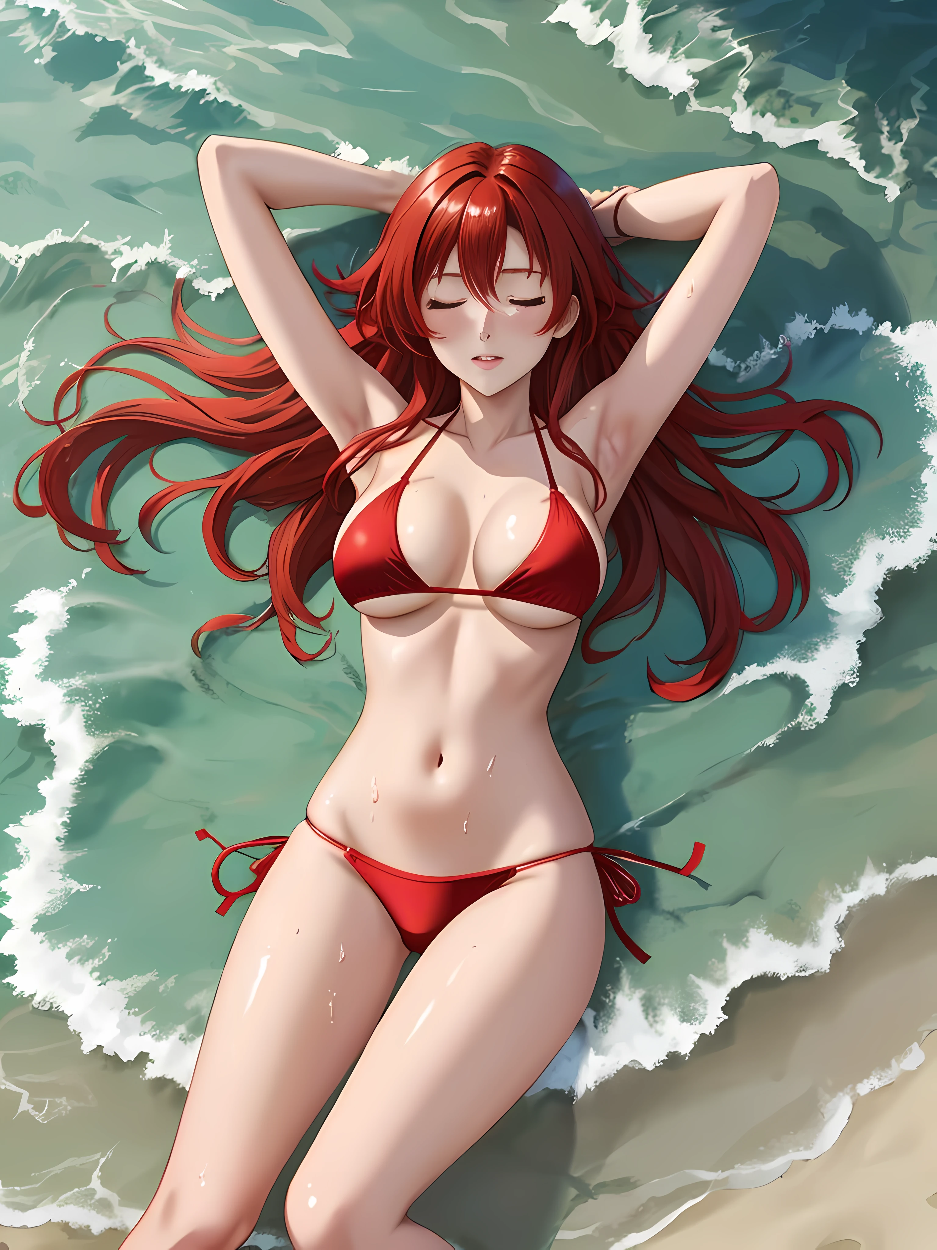 anime style illustration, estilo basado en sugi87 pixiv illustrator, Sudor y cuerpo mojado., verano, en una playa solitaria, En medio de la noche, lying on the sand in a flirtatious position, Ojos cerrados y boca abierta, Estirando los brazos, Mujeres modelo, 18 years, pecho grande, piel clara, Ojos verdes y cabello largo rojo escarlata con rayos dorados., Hermoso gradiente, cuerpo completo, mujer hermosa, Limpie las caras detalladas, postura vigorosa , pecho masivo, (((bikini))), cuerpo completo, cuerpo completo, arte digital, obra maestra, pixiv, devianart, art station, basado en el estilo manga Seinen, estilo animado, estilo digital basado en Honkai Impact de Hoyoverse,