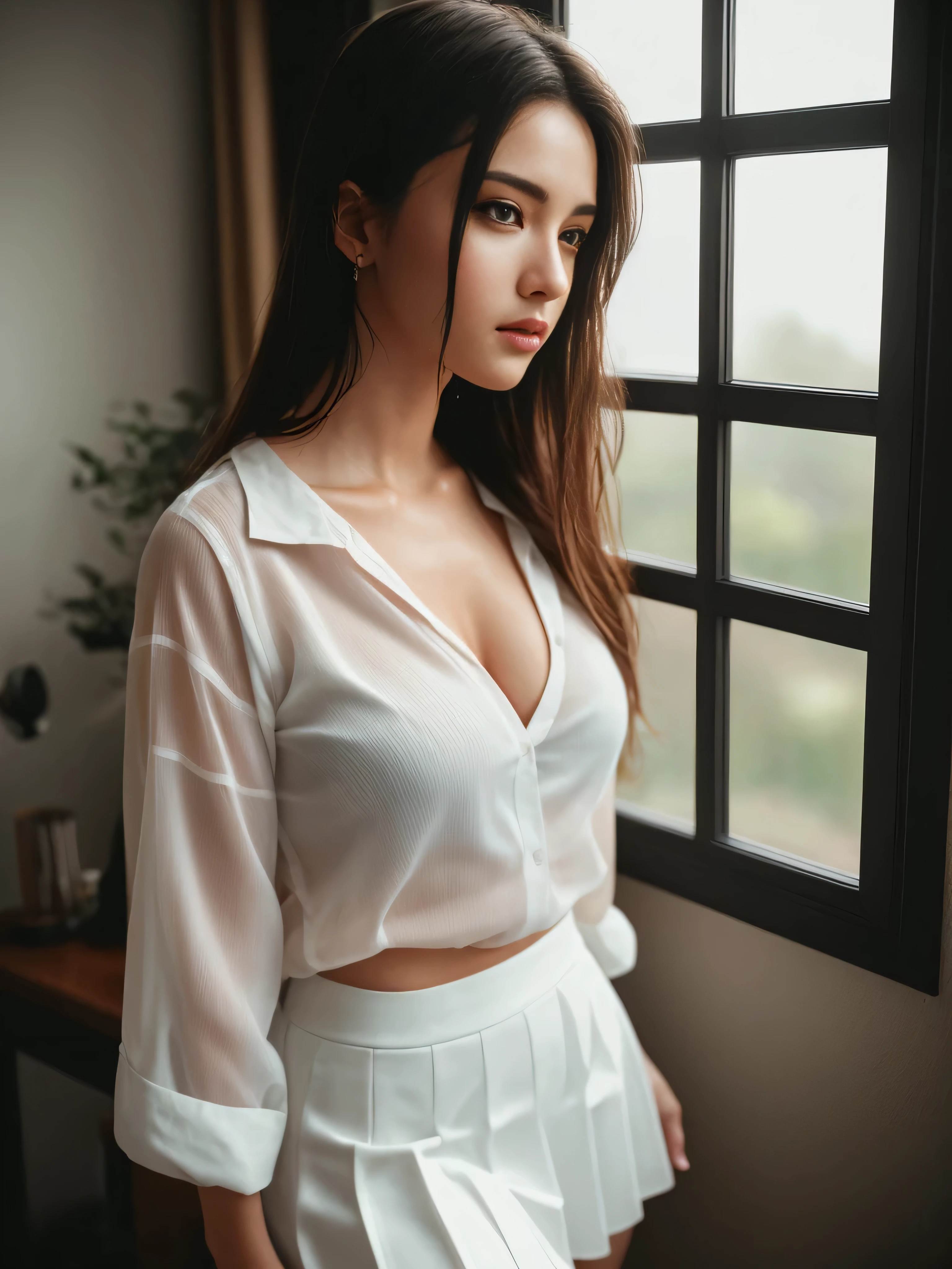 stunning uzbek flirty model, sitting on couch, crossed legs, short black skirt, unbuttoned white shirt, messy wavy hair, voyeuristic, intimate, soft light, warm glow on her face and body, soothing, high-detail skin, hdr