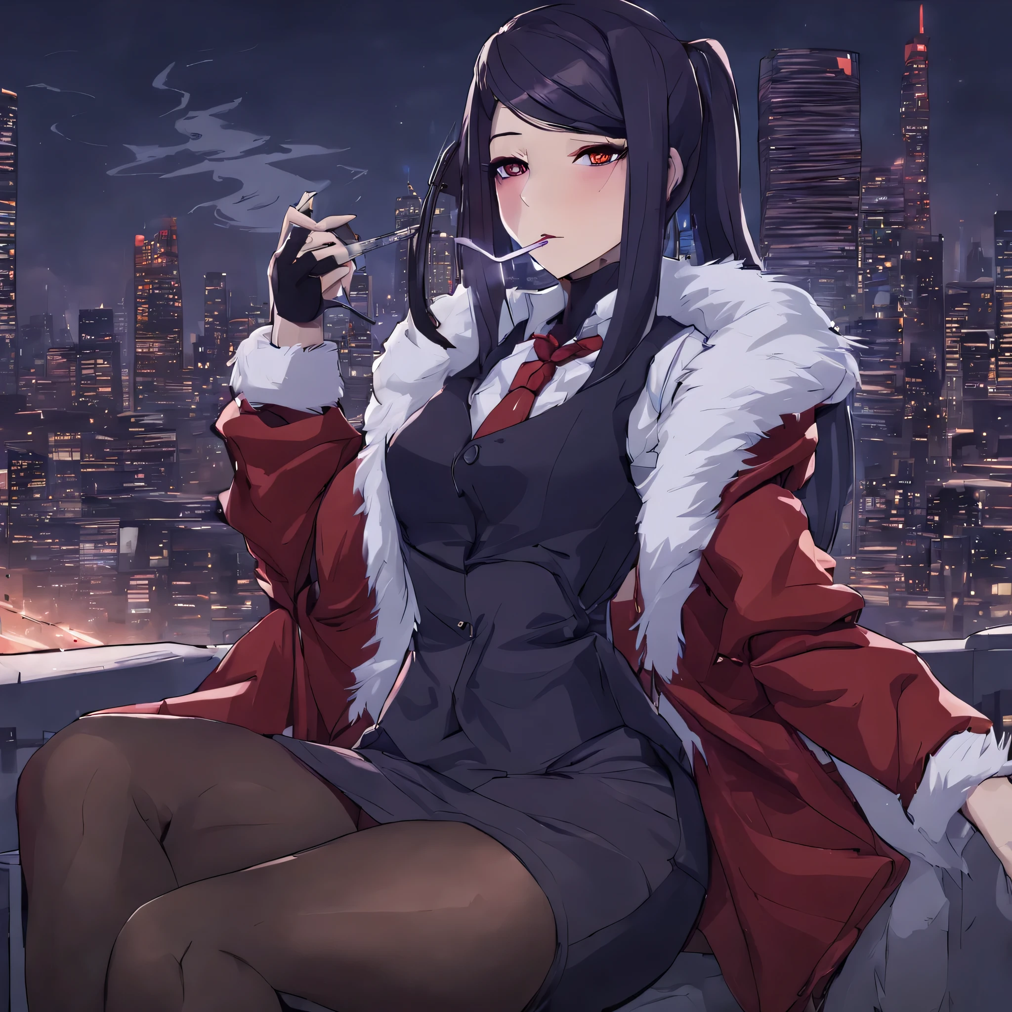 Jill Stingray,
tie, tights, skirt, Vest, White shirt, fur trim, open coat, red coat, night, cityscape, cyberpunk, smoking, relaxed,
masterpiece, Best quality