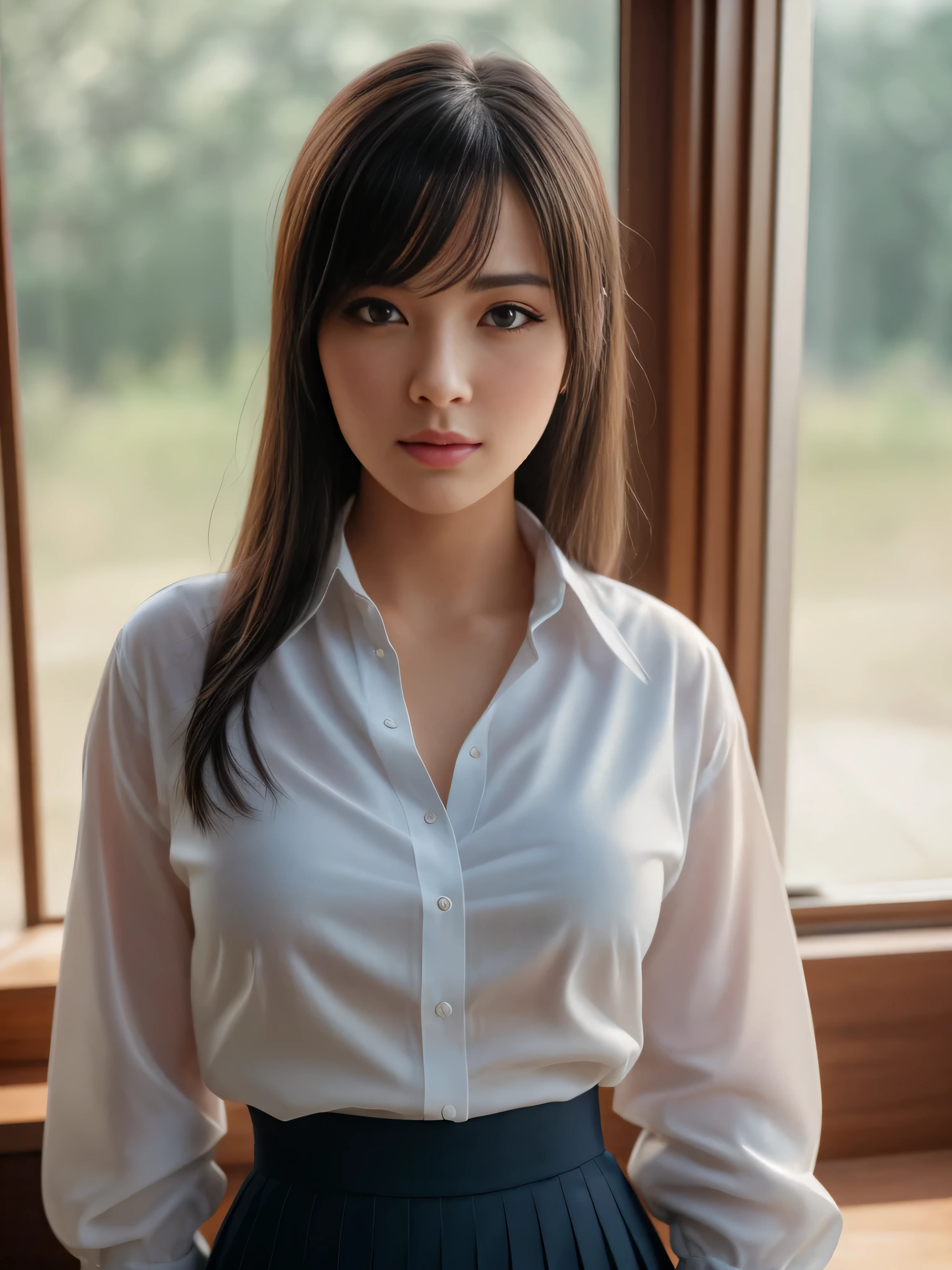 In his bedroom, looking at the landscape through the window, focusing on his left profile, Sudar y mojar la ropa, Editorial photograph of a 20-year-old woman, extremadamente detallado eyes, detailed symmetrical realistic face, extremadamente detallado natural texture, con su blusa completamente desabrochada casi mostrando su gran pecho sin abrazadera debajo de la blusa, pecho grande, Manos altas y detalladas perfectas, Dedos altos y detallados perfectos, Hermoso rostro, Ojos perfectos de alto detalle, Hermoso gradiente, mujer hermosa, Limpieza detallada, dynamic pose, pecho masivo, uniforme escolar, mini falda, obra maestra, absurdos, nikon d850 film stock photography, camara kodak portra 400 f1.6 lentes, extremadamente detallado, asombroso, buen detalle, Colores ricos, textura realista hiperrealista, dramatic lighting, Motor irreal, cinestill 800 tungsteno, Mirando al espectador, foto realista, foto cruda, alta calidad, high resolution, Sharp focus, extremadamente detallado, cinematic lighting, 8k UHD