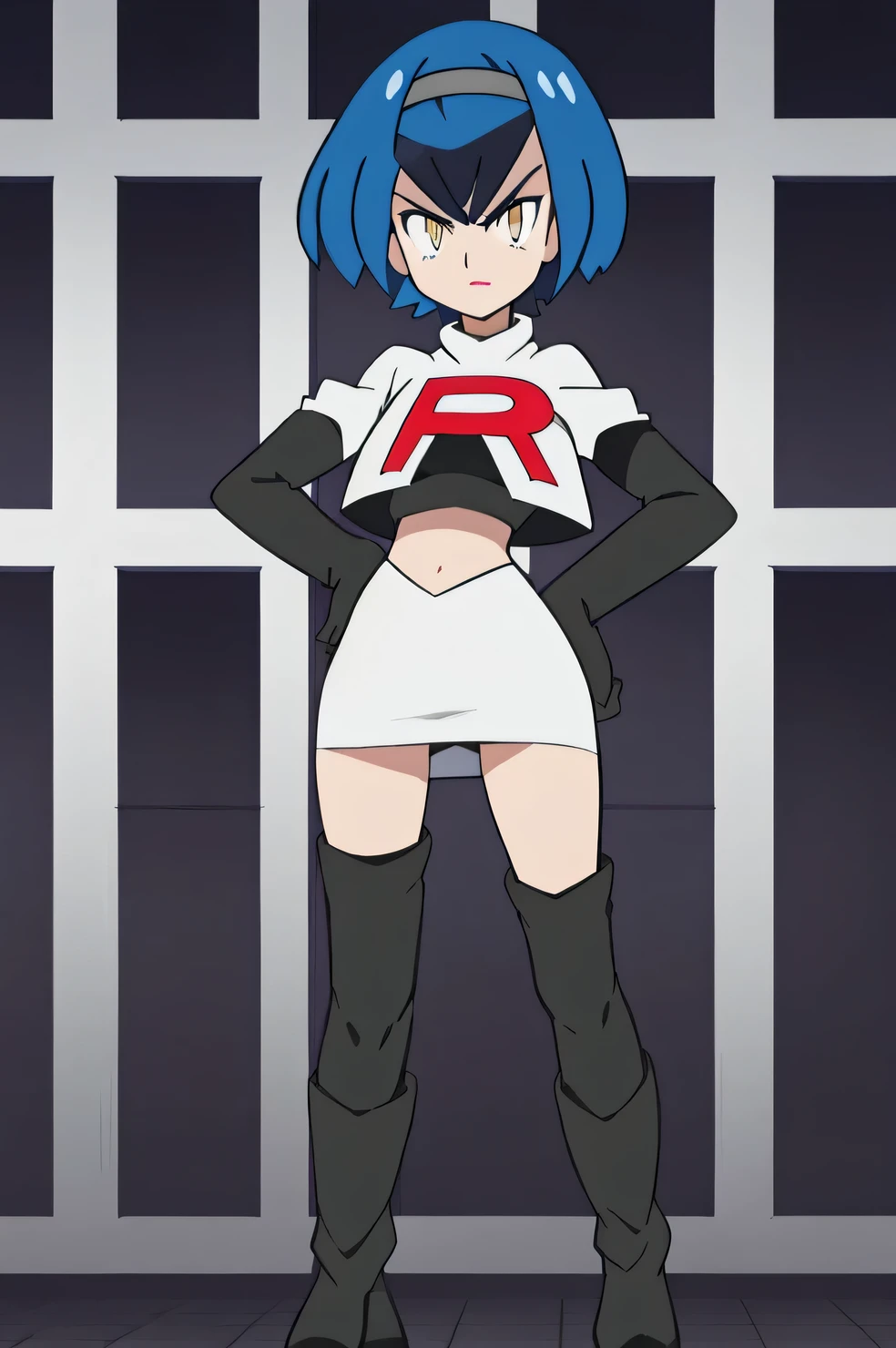defManuela,glossy lipsmasterpiece, best quality, highres,team rocket uniform, red letter r, white skirt, white crop top, black thigh-high boots, black elbow gloves, glaring angrily, looking down at viewer, hands on hips, full body seen, zettai ryouiki