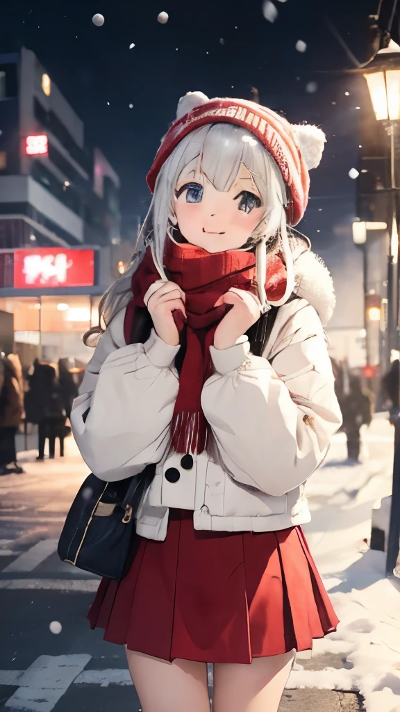 High resolution、one young girl、It&#39;s snowing lightly、Meet in front of the station in winter、make your cheeks red、white fluffy clothes、red muffler、mini skirt、white breath、look up and be happy in front of me、