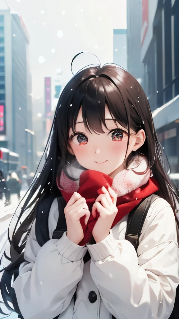 High resolution、one young girl、It&#39;s snowing lightly、Meet in front of the station in winter、make your cheeks red、white fluffy clothes、red muffler、mini skirt、white breath、look up and be happy in front of me、Keep your face close、Hug me、