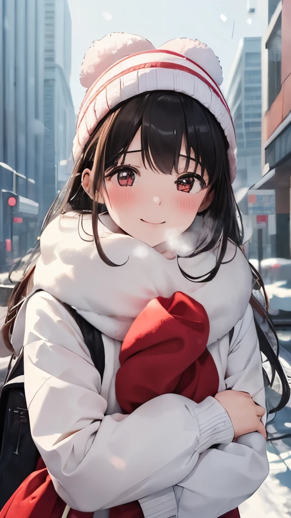 High resolution、one young girl、It&#39;s snowing lightly、Meet in front of the station in winter、make your cheeks red、white fluffy clothes、red muffler、mini skirt、white breath、look up and be happy in front of me、Keep your face close、Hug me、