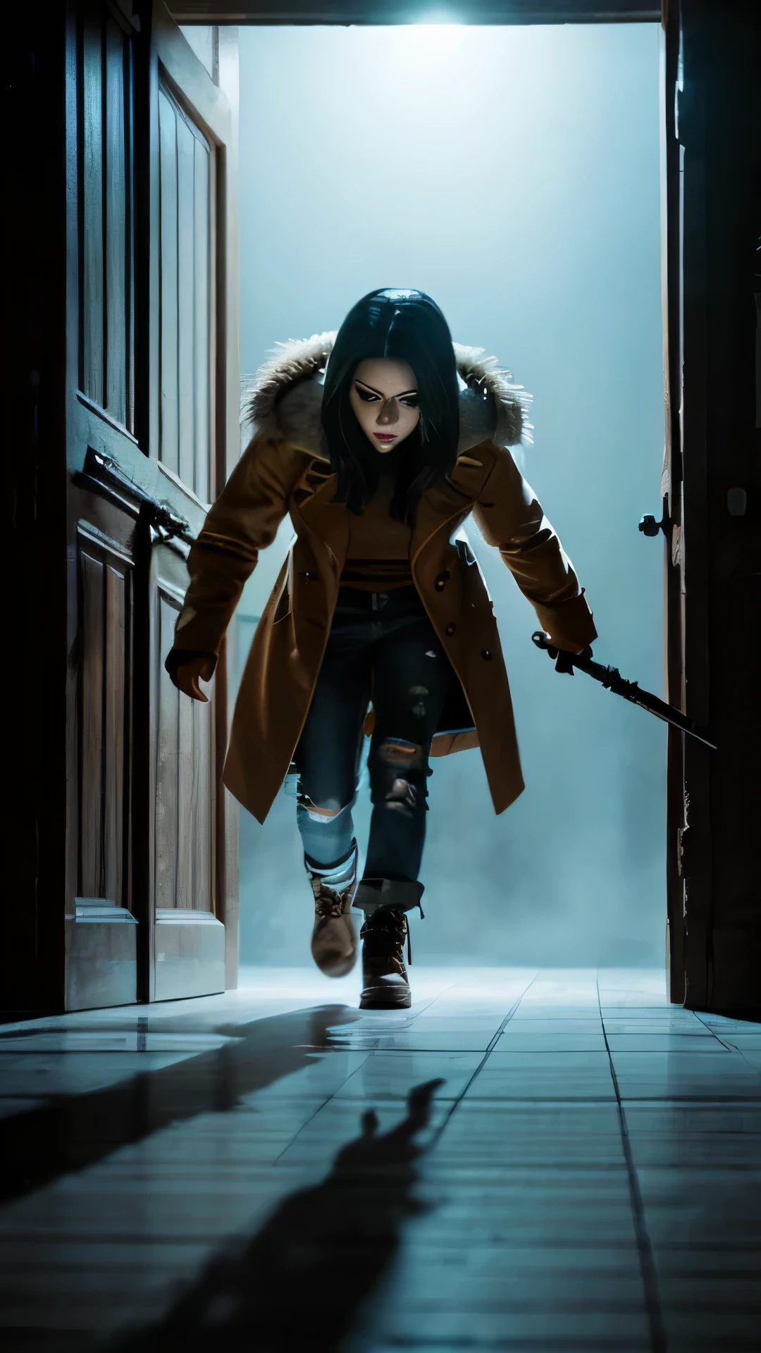 ((suspense scene((concept art))、blue jeans、Very detailed girl in brown coat and boots)、(better lighting、better shadow、非常に繊細でscared)、(digital illustration)、((4k painting))、 [(dynamic angle、((1girl)))、white hair、(beautiful face、perfect face、scared、)Expression of fear、torn clothes、gun in hand、sitting on the floor、darkness、scared家)、 [:(dark、Mysterious、game paint、ominous setting、jagged hallway、big house、deadly silence)