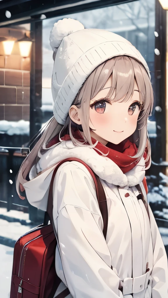 High resolution、one young girl、It&#39;s snowing lightly、Meet in front of the station in winter、make your cheeks red、white fluffy clothes、red muffler、mini skirt、white breath、look up and be happy in front of me、Keep your face close、