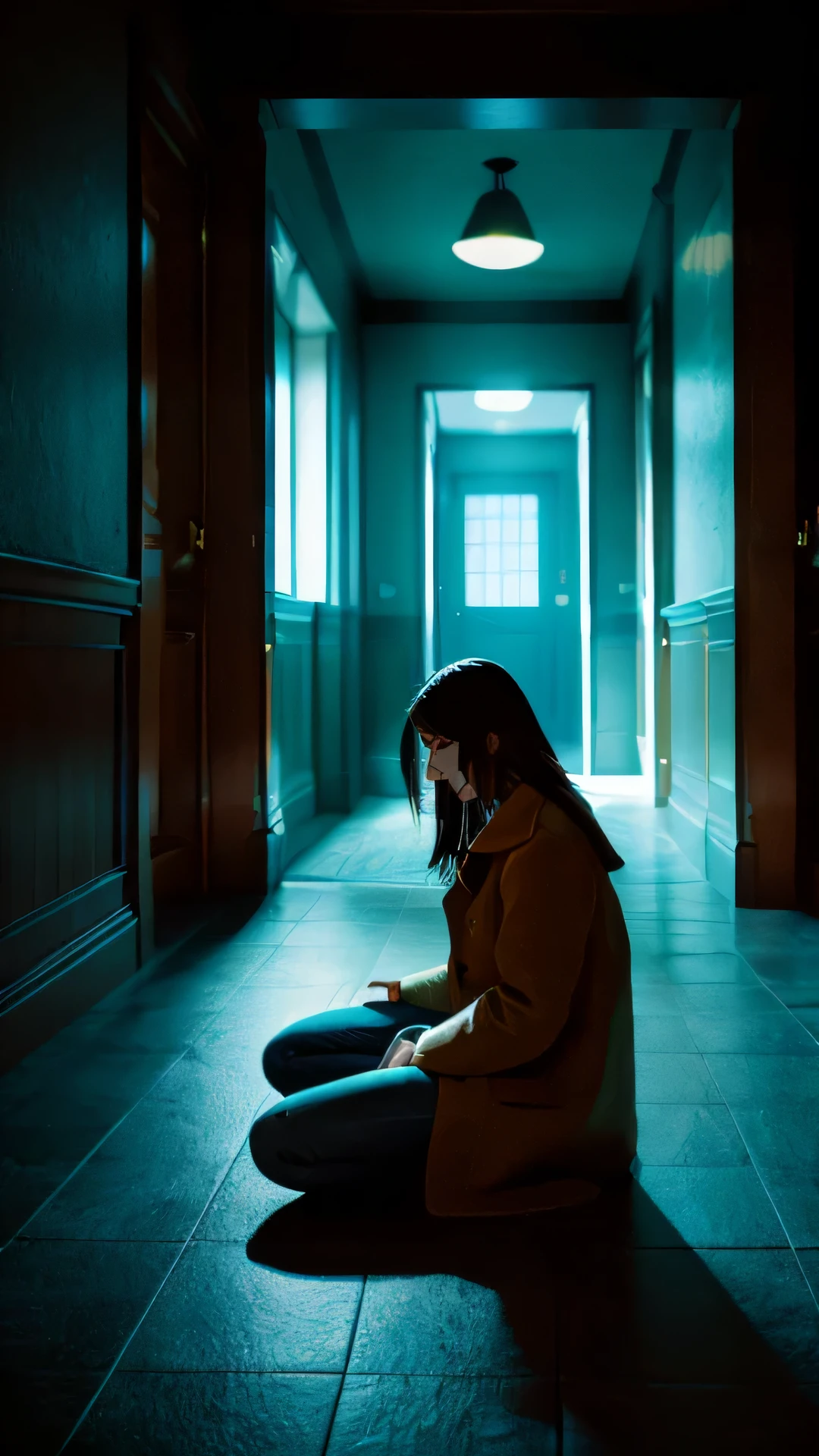 ((suspense scene((concept art))、blue jeans、Very detailed girl in brown coat and boots)、(better lighting、better shadow、非常に繊細でscared)、(digital illustration)、((4k painting))、 [(dynamic angle、((1girl)))、white hair、(beautiful face、perfect face、scared、)Expression of fear、torn clothes、gun in hand、sitting on the floor、darkness、scared家)、 [:(dark、Mysterious、game paint、ominous setting、jagged hallway、big house、deadly silence)
