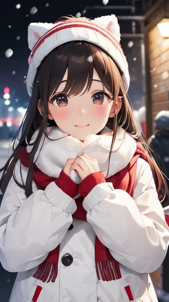 High resolution、one young girl、It's snowing lightly、Meet in front of the station in winter、make your cheeks red、white fluffy clothes、red muffler、mini skirt、white breath、Angle from below the thigh、close up of thighs、legs open、