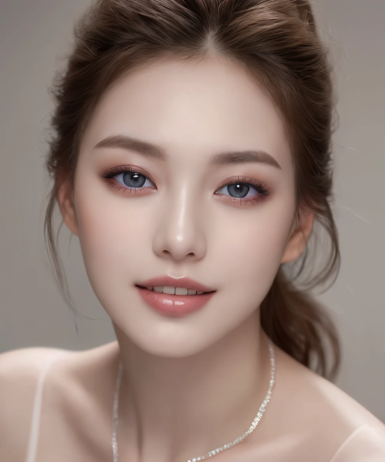 fashion model 25 years old, [[[[closeup]]]], [[[[chest]]]], [[[[neck]]]], [[[[shoulders]]]], perfect eyes, perfect iris, perfect lips, perfect teeth, perfect skin, soft front light, glow, HDR, (muted colors:1.2)