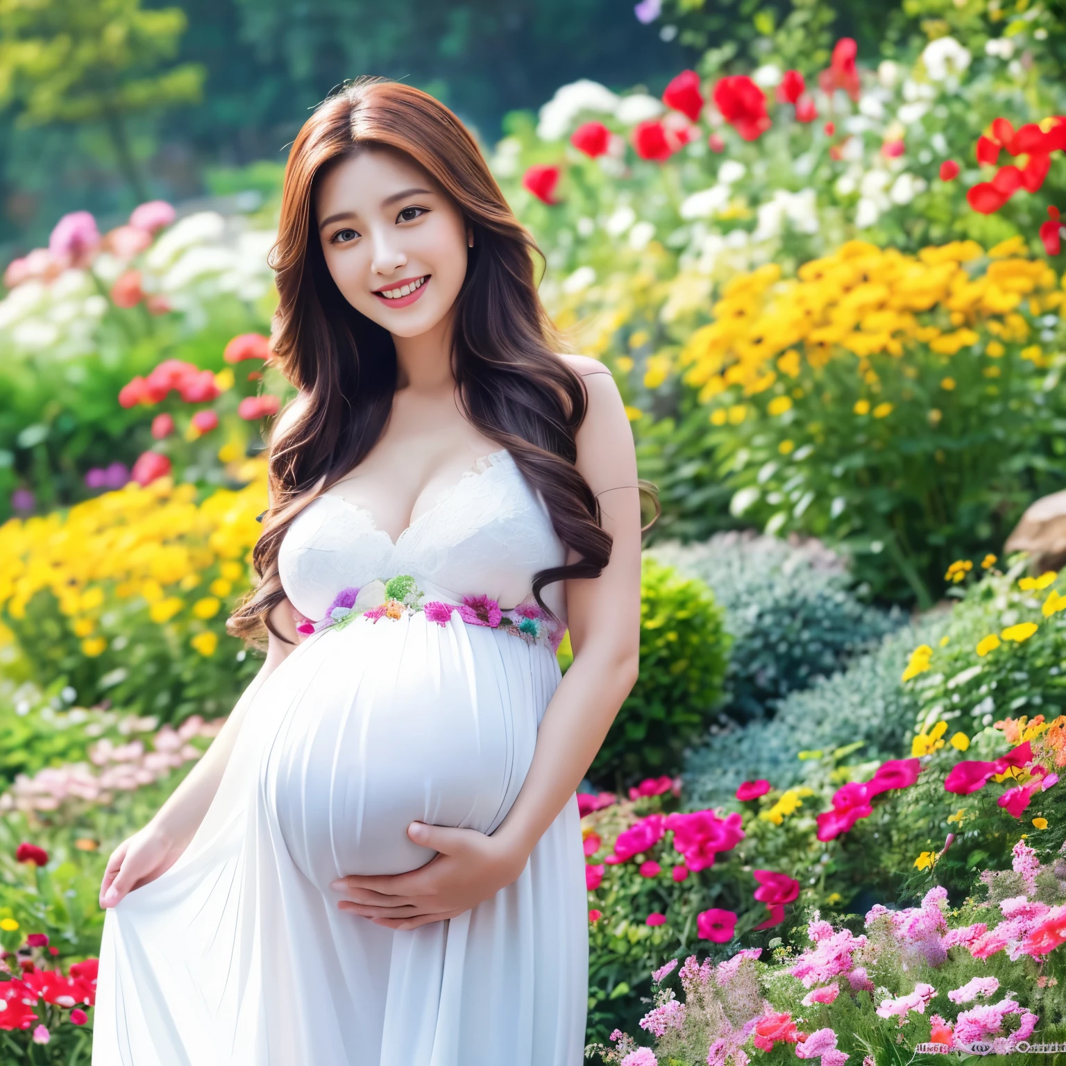 highest quality、table top、8K、best image quality、hyper realism、pregnant woman、Beauty、highly detailed face、Photo above the waist、big breasts、the biggest smile when you look at me, Long hair fluttering in the wind, Colorful flower garden、Colorful and vivid flower garden, white dress、accurate anatomy