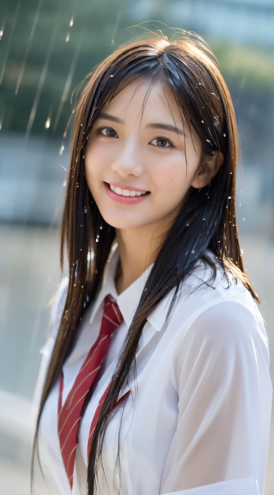 ((Top Quality, 8K, Masterpiece: 1.3)), (high detail: 1 in 1), (Focus on face),buttocks: 1.2, (Perfect Body Beauty: 1.4), ((Layered Haircut, Chest: 1.4)), (Rain:1.6), (in Street), (Wearing a (wet:1.4) white school Uniform with miniskirt and Loose Tie), Very detailed face and skin texture, narrow eyes, double eyelids, whitening skin, long hair, (Shut up: 1.3), smile,extra, real photo, psd, lamp film photography, sharp focus, contrast lighting, detailed skin, high resolution 8k, crazy detail, realistic, professional photography, 8k uhd, SLR camera, soft lighting, high quality, film grain, fujifilm XT3,