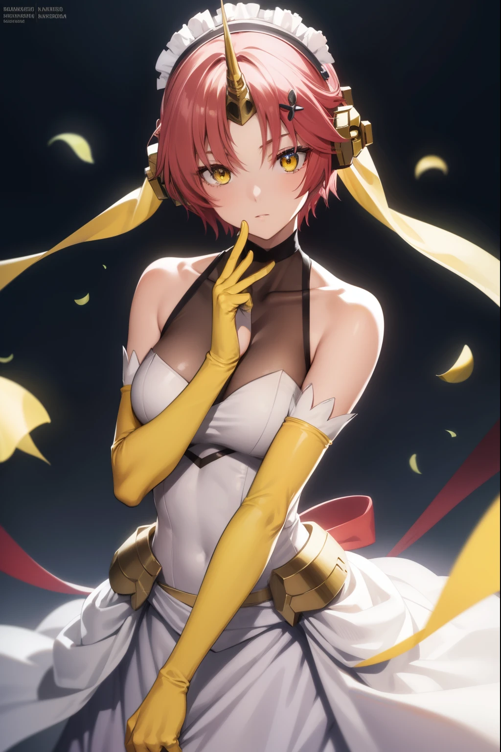 fgofran, frankenstein, blue eyes, horns, mechanical horns, pink hair, short hair, single horn, heterochromia, (yellow eyes:1.5), hair over eyes,
BREAK dress, elbow gloves, gloves, grey dress, grey gloves, hair ribbon, red ribbon, ribbon, sleeveless, sleeveless dress, wedding dress, wedding veil,
BREAK looking at viewer,
BREAK outdoors,
BREAK (masterpiece:1.2), best quality, high resolution, unity 8k wallpaper, (illustration:0.8), (beautiful detailed eyes:1.6), extremely detailed face, perfect lighting, extremely detailed CG, (perfect hands, perfect anatomy),