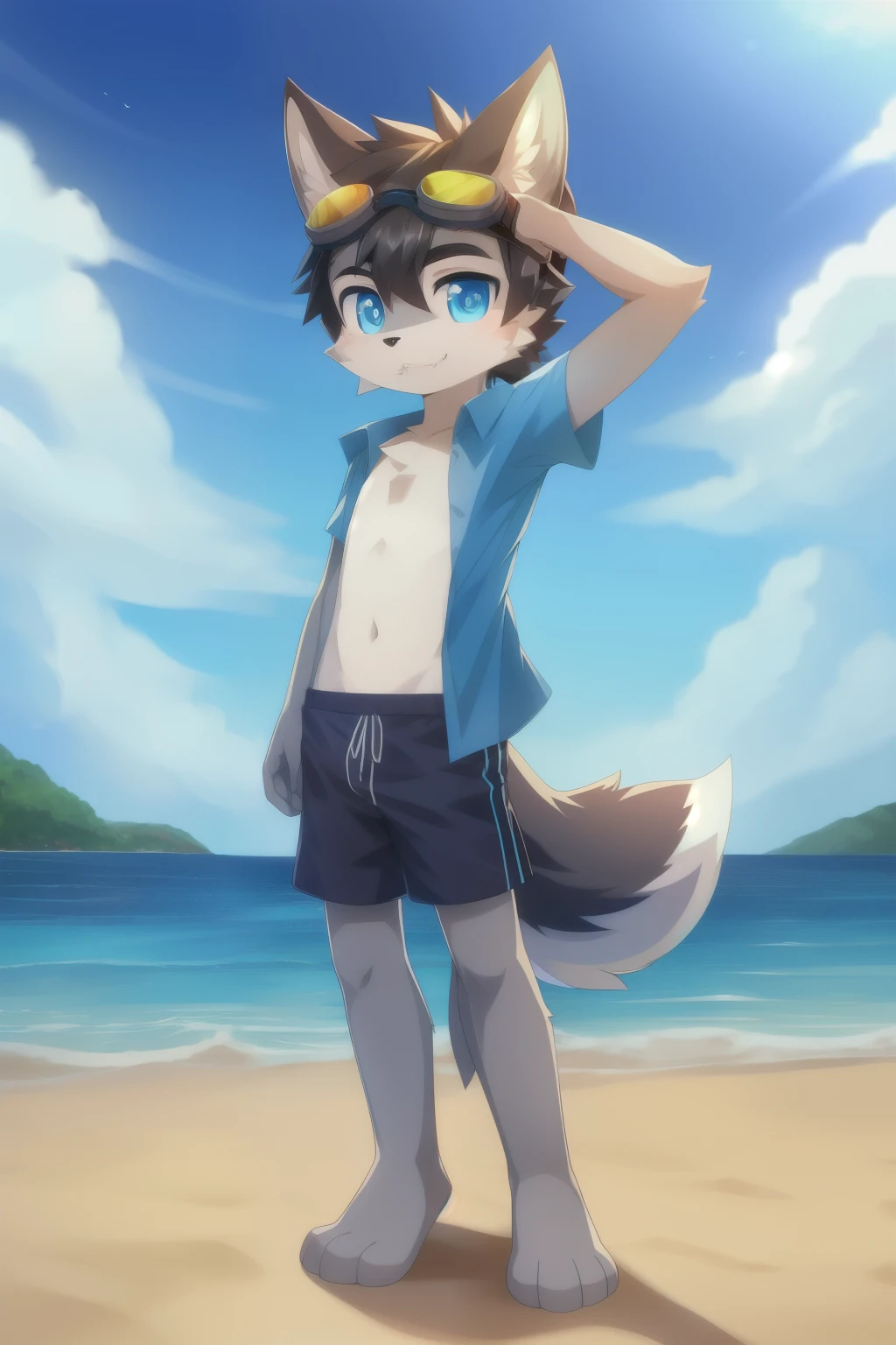 Furry shota, Young, wolf, black hair, long spiky ponytail, blue eyes, detailed body fur, ((blue hawaiian shirt, open clothes, black swim trunks, goggles)), masterpiece, looking at you, fangs, clear grey body fur, detailed face, big eyebrows, detailed eyes, detailed body, detailed body fur, detailed hands, flat body, glistering body, shiny body, skinny, :3, looking at you, glow throughout the scene, beach, clear sky, full body, feets whit three toes,