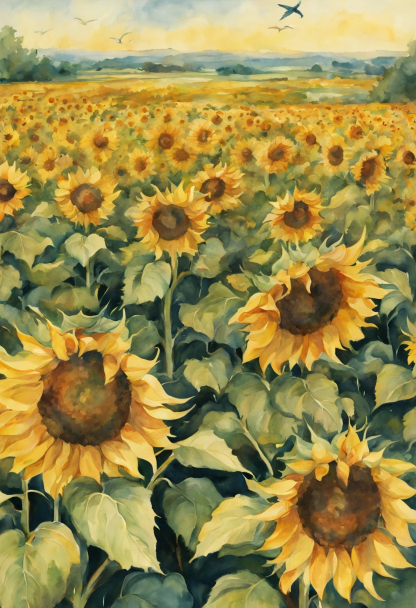 A field of sunflowers all around, a summer sky, a quiet afternoon, watercolors, and a bird's-eye view.