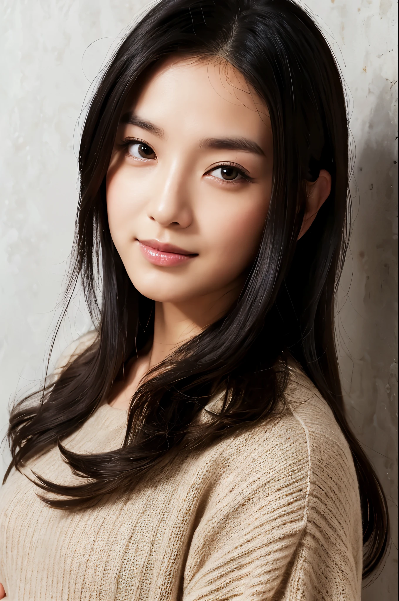 ((Front view)),(Masterpiece:1.3), (8K, Photorealistic, RAW photo, Best quality: 1.4), White background ,Be happy, A Skinny Japanese lady, Cute face, (Realistic face), (Black hair, long hair:1.3), Realistic eyes, Beautiful detailed eyes, (Realistic skin), Beautiful skin, (knit dress), Ultra photo realsisim, Highly detailed, Golden ratio, alone in a photo, Kyoto background, wallpaper