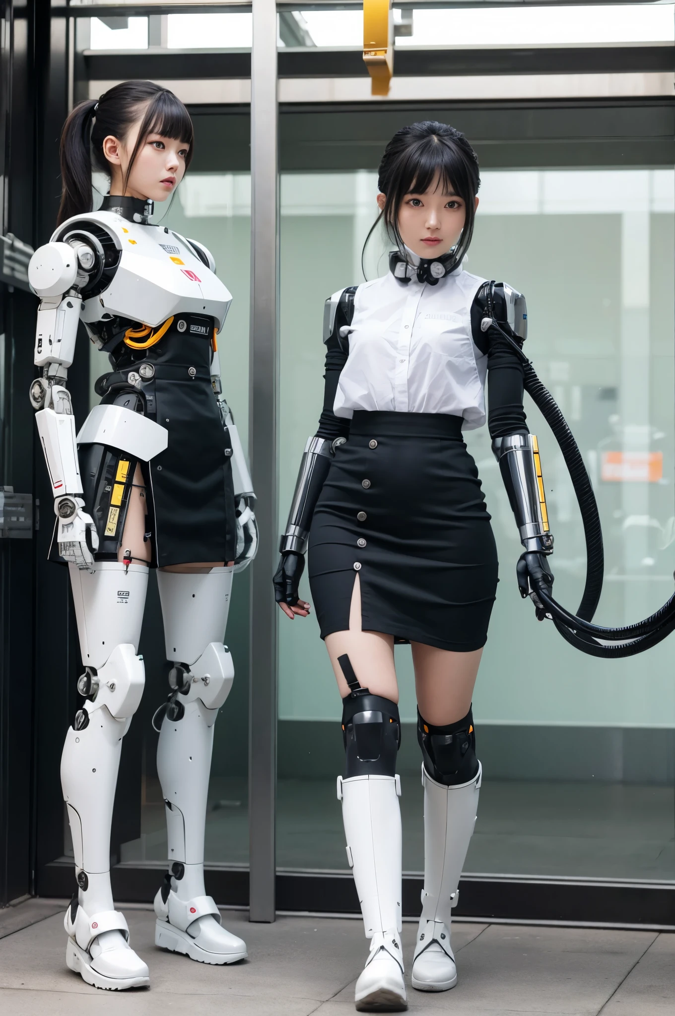masterpiece, best quality, extremely detailed, Japaese android girl,Plump , control panels,android,Droid,Mechanical Hand, Robot arms and legs, Black hair,Blunt bangs,perfect robot girl,long tube,thick cable connected her neck,android,robot,humanoid,cyborg,japanese cyborg girl ,future laboratory,connecting a cable between the legs,skirt, high socks