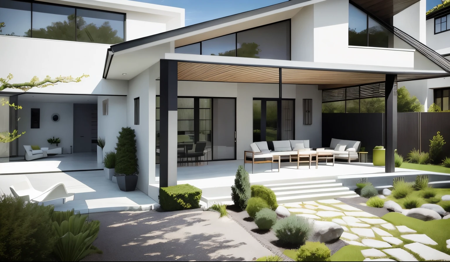 color photo of a modern and minimalist grey-colored Midcentury home. The house exudes an elegant and sophisticated vibe with its sleek lines, clean design, and neutral color palette. The exterior of the home is painted in a beautiful shade of grey, which perfectly complements the surrounding landscape. Large windows allow an abundance of natural light to flood the interior, creating a bright and airy atmosphere. The architectural details, such as the flat roof, angular shapes, and minimalistic landscaping, add to the overall contemporary aesthetic of the house. This grey Midcentury home stands as a timeless masterpiece, blending seamlessly with its surroundings.