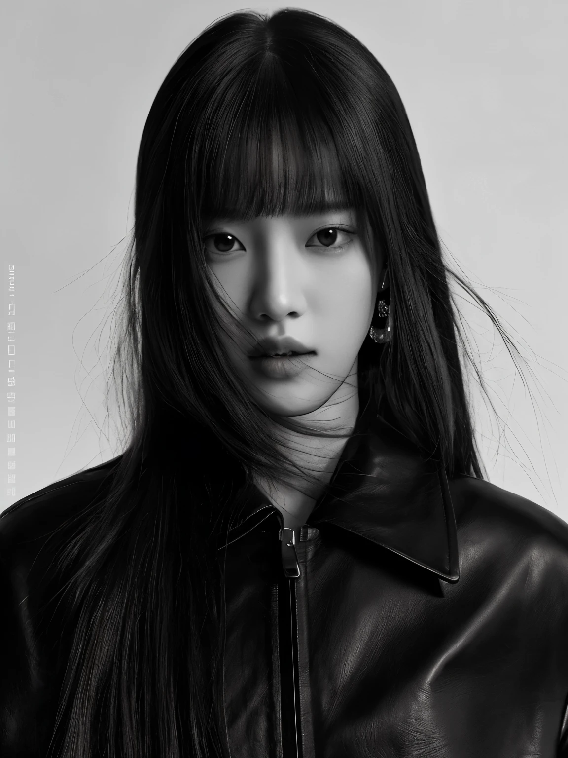 arafed woman with long hair wearing a leather jacket and earrings, portrait of jossi of blackpink, janice sung, inspired by Wang E, ji-min, jingna zhang, jinyoung shin, inspired by Kim Tschang Yeul, choi, inspired by Zhu Da, gongbi, official jil sander editorial, comme des garcon campaign, steven jung