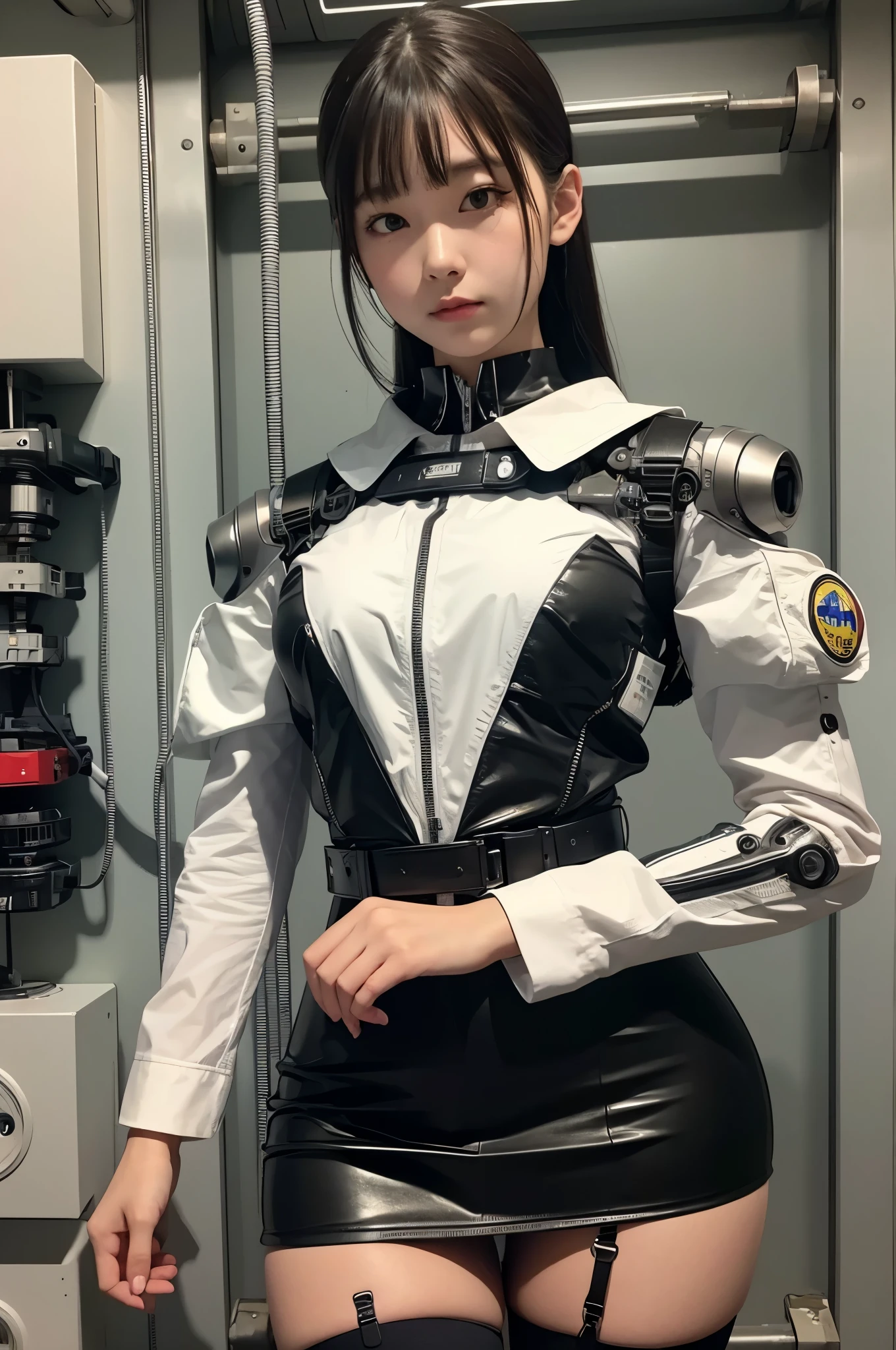 masterpiece, best quality, extremely detailed, Japaese android girl,Plump , control panels,android,Droid,Mechanical Hand, Robot arms and legs, Black hair,Blunt bangs,perfect robot girl,long tube,thick cable connected her neck,android,robot,humanoid,cyborg,japanese cyborg girl ,future laboratory,connecting a cable between the legs,skirt, high socks
