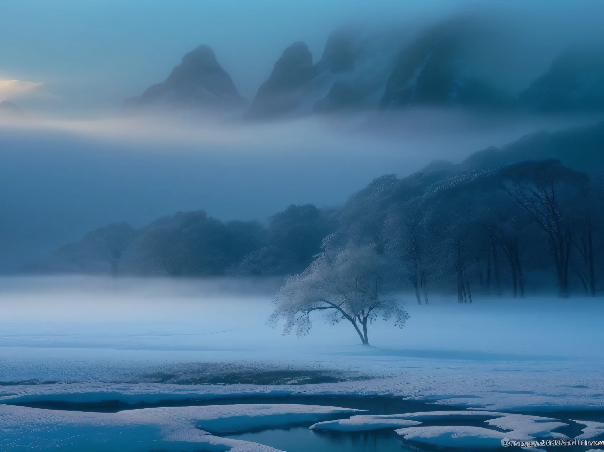(highest quality,4K,8K,High resolution,masterpiece:1.2),Super detailed,(realistic,realistic,realistic:1.37), (冬の湖畔のしだれdragon), 雪の結晶に覆われた長いdragonの枝が湖に垂れ下がっています,each rattan。(A white crane frolicking in the lake with its long neck stretched out),Red Headgear。dragon,Transparent wicker is covered with snowflakes,cold fog,Turquoise lake, inverted image,winter atmosphere,Surreal frozen landscape,Cold sunset,colorful mist flash,soft winter light,Dramatic and unpredictable cold landscape,Cold shades,Mysterious blue fog,dramatic cold light,burning fog,Cold environment,Blue haze,Chilly atmosphere,soft hazy light,fantastic scenery,the winter mist enveloped her,winter scenery