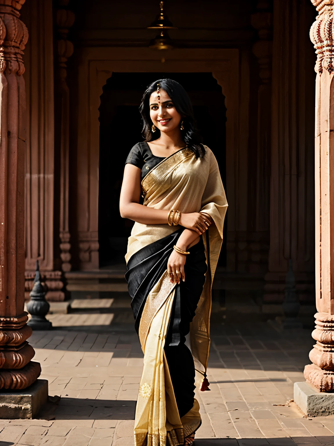Black hair, Indian girl in a saree, At a temple, classy, elegant, smiling, Daytime, full Body,