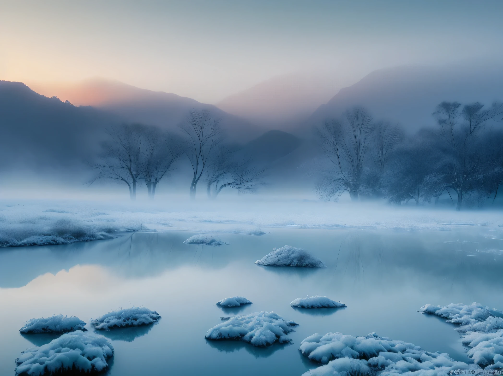 (highest quality,4K,8K,High resolution,masterpiece:1.2),Super detailed,(realistic,realistic,realistic:1.37), （冬の湖畔のしだれdragon）， 雪の結晶に覆われた長いdragonの枝が湖に垂れ下がっています，each rattan。（A white crane frolicking in the lake with its long neck stretched out），Red Headgear。dragon，Transparent wicker is covered with snowflakes，cold fog,Turquoise lake， inverted image，winter atmosphere,Surreal frozen landscape,Cold sunset,colorful mist flash,soft winter light,Dramatic and unpredictable cold landscape,Cold shades,Mysterious blue fog,dramatic cold light,burning fog,Cold environment,Blue haze,Chilly atmosphere,soft hazy light,fantastic scenery,the winter mist enveloped her,winter scenery