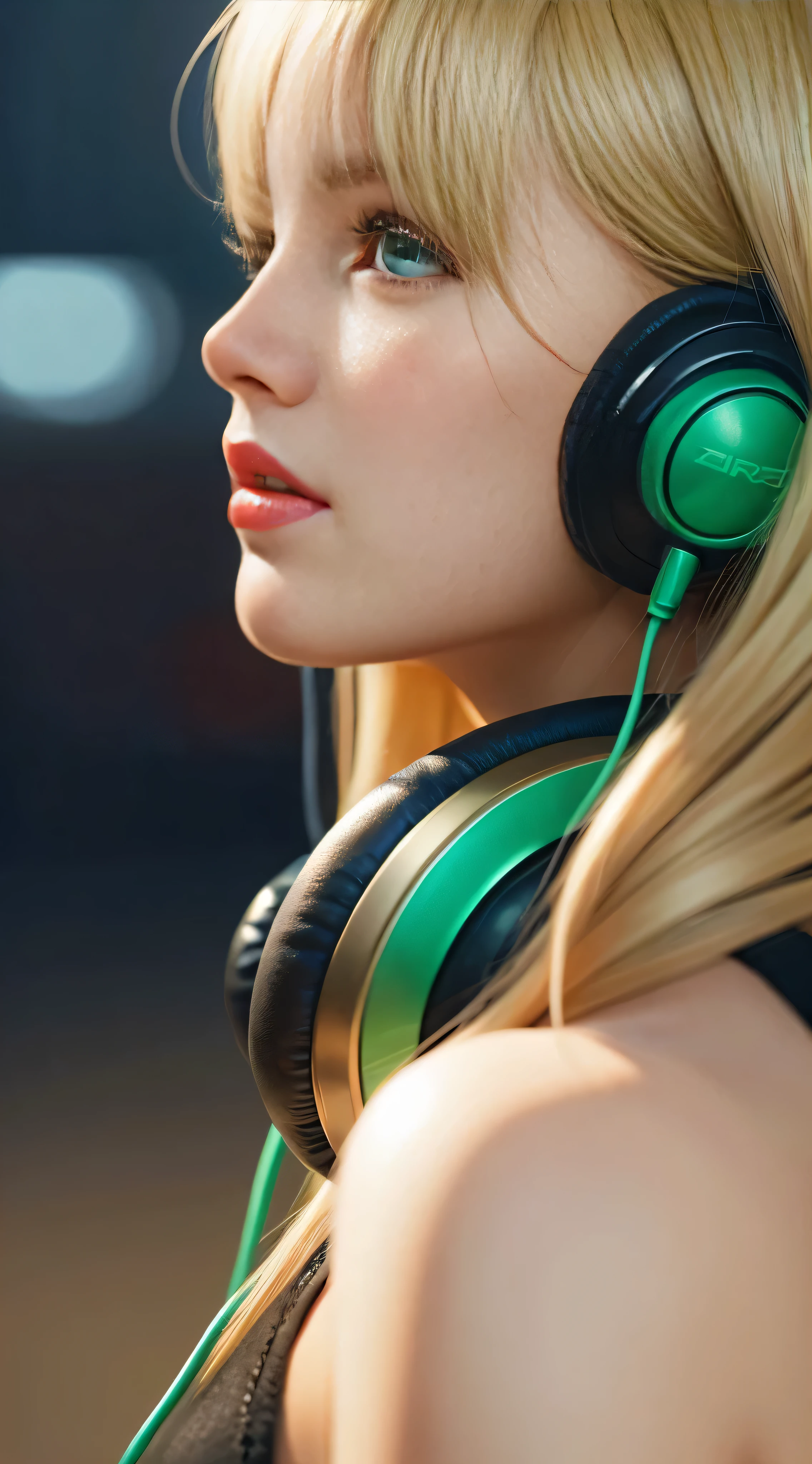 masterpiece), (Highest image quality, High resolution, High definition, An illustration), 1girl, solo, City, modern, Profile photo close-up, blonde beige long hair, green eyes, beautiful detailed eyes, squat, headphones, 8k, Trending on ArtStation, Featured on pixiv