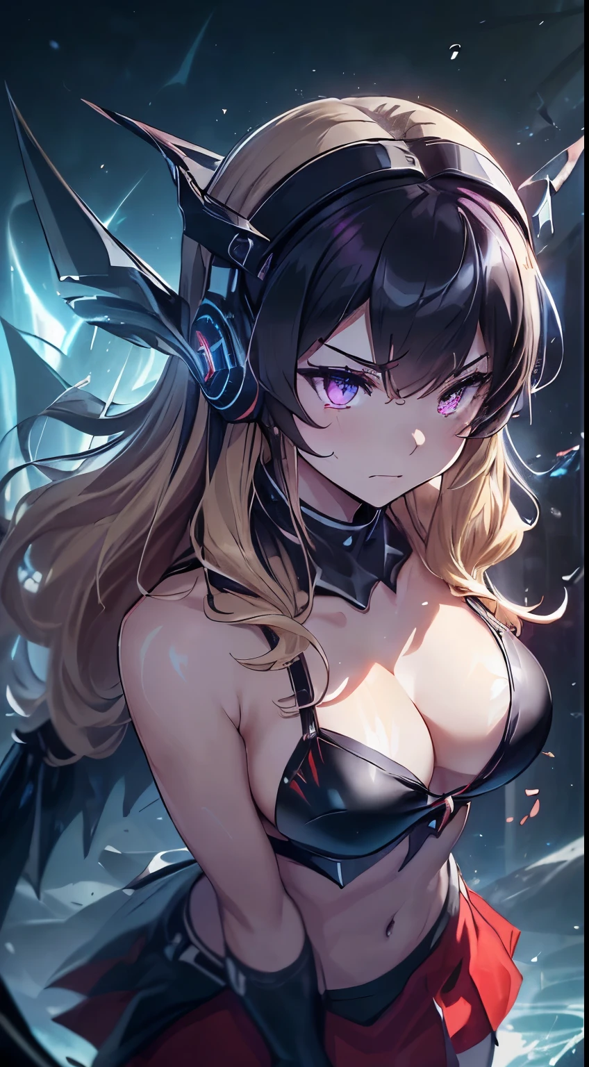 top quality、Highest image quality、masterpiece、girl with((red short skirt、black bikini、White costume、glowing mechanic suit、18 year old、、cute little、Best Bust、large washcloth,Beautiful shining purple eyes、chest wide open, blonde、Long-haired、thin,Large Valleys、militant movements,sharp claws、With a sniper rifle、headset、black bright wings、Fighting postures、bad face、splatter、Feeling like a sprint)),High quality、Beautiful art、Background with((Cosmic Battlefield)))、Depth(planet earth),table、Depth поля,cinematic style