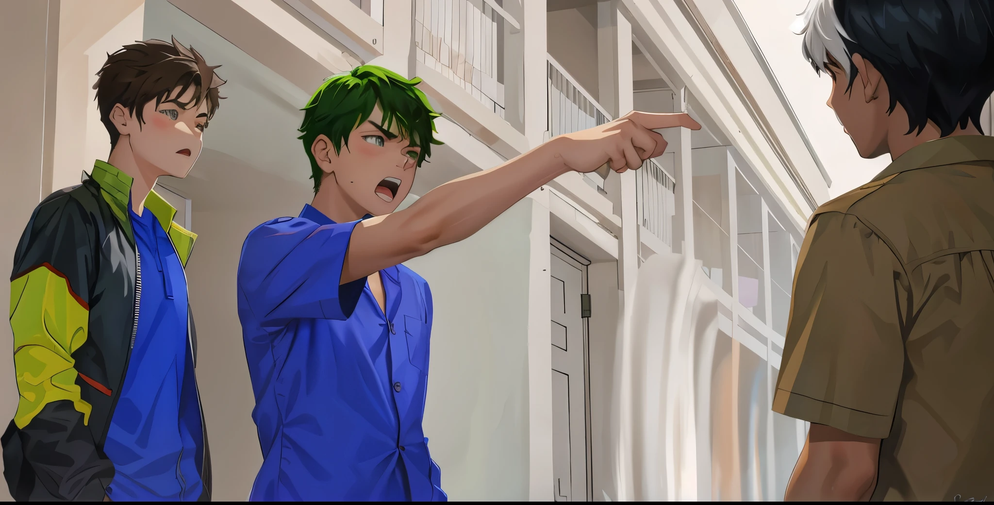 There are 3 cute 15 year old boys, one points his finger at another, he is angry, he shouts it.