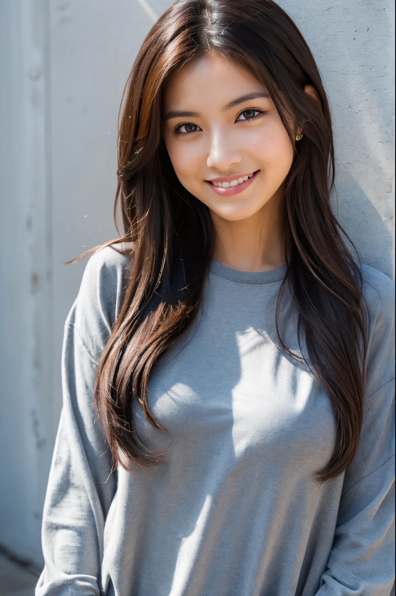 beautiful woman with perfect figure, very detailed face and skin texture, light smile, detailed eyes, long hair, little messy hair, loose clothes, medium breast, standing next to the grey wall, high resolution, photorealistic