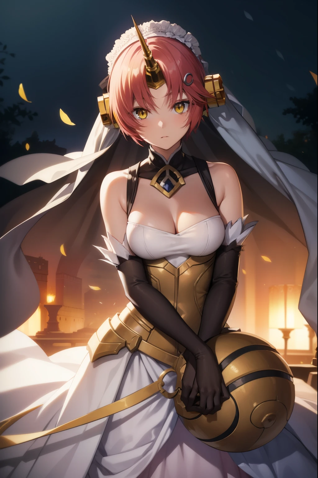 fgofran, frankenstein, blue eyes, horns, mechanical horns, pink hair, short hair, single horn, heterochromia, (yellow eyes:1.5), hair over eyes,
BREAK dress, elbow gloves, gloves, grey dress, grey gloves, hair ribbon, red ribbon, ribbon, sleeveless, sleeveless dress, wedding dress, wedding veil,
BREAK looking at viewer,
BREAK outdoors,
BREAK (masterpiece:1.2), best quality, high resolution, unity 8k wallpaper, (illustration:0.8), (beautiful detailed eyes:1.6), extremely detailed face, perfect lighting, extremely detailed CG, (perfect hands, perfect anatomy),