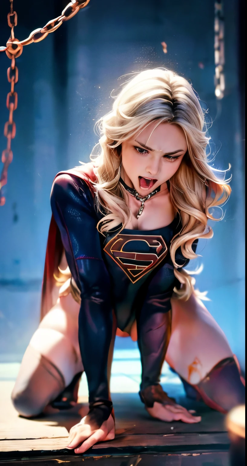 unparalleled beauty,Beautiful woman,scary expression,(prison),(prison),(in a cage),(slave),get down on all fours,crawl on hands and knees,kneeling position,Posture with butt sticking out,dog pose,((stick out tongue)),((drooling)),Kamimei,From above,(collar with chain), With cuffs,fetters,defeat,Begging for life,(supergirl),surrealism, f/1.2, fujifilm, 35mm, 8K, Super detailed, nffsw, table top, rough skin, high quality, 最high quality, hard disk,torn costume