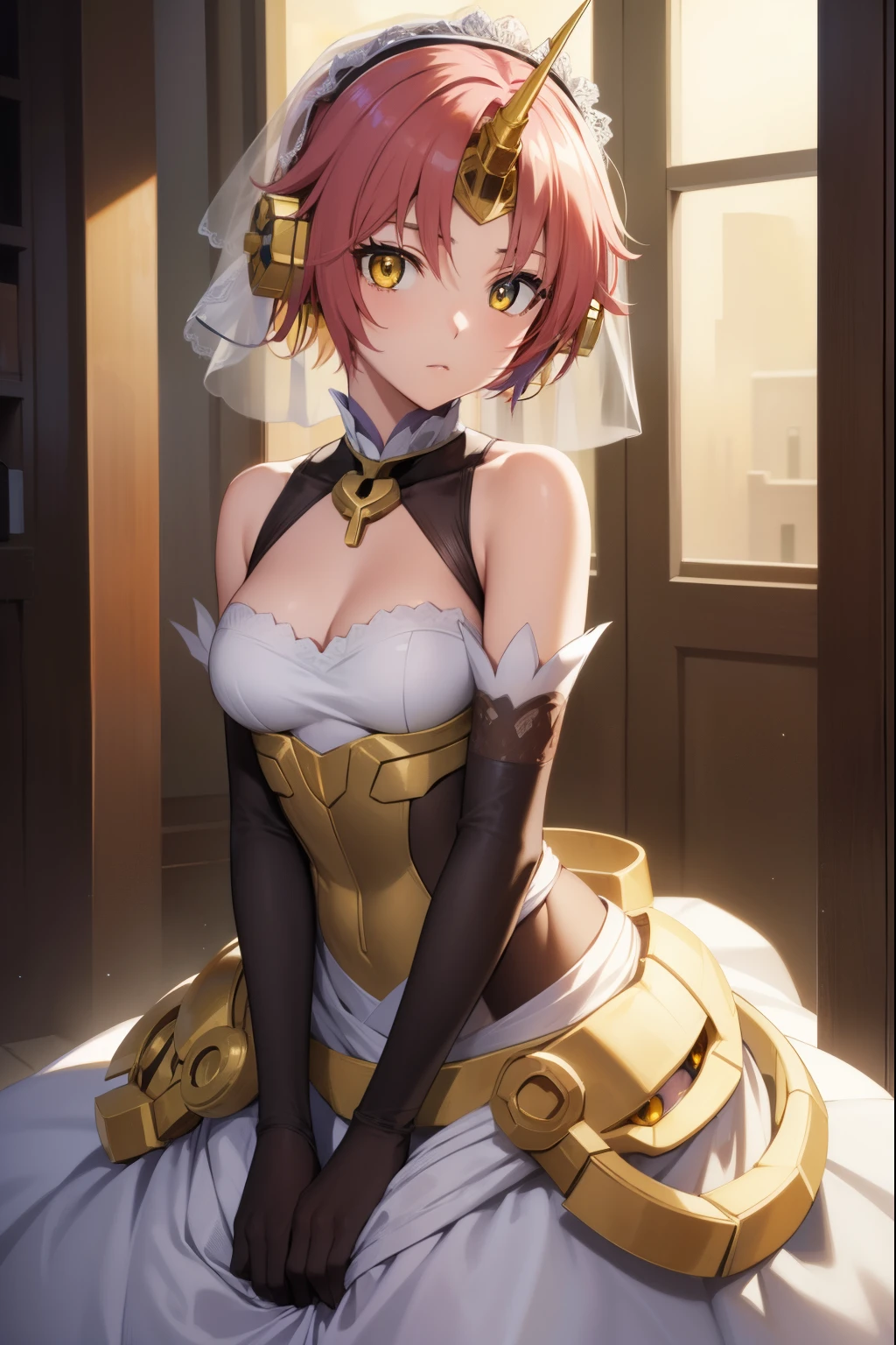 fgofran, frankenstein, blue eyes, horns, mechanical horns, pink hair, short hair, single horn, heterochromia, (yellow eyes:1.5), hair over eyes,
BREAK dress, elbow gloves, gloves, grey dress, grey gloves, hair ribbon, red ribbon, ribbon, sleeveless, sleeveless dress, wedding dress, wedding veil,
BREAK looking at viewer,
BREAK outdoors,
BREAK (masterpiece:1.2), best quality, high resolution, unity 8k wallpaper, (illustration:0.8), (beautiful detailed eyes:1.6), extremely detailed face, perfect lighting, extremely detailed CG, (perfect hands, perfect anatomy),