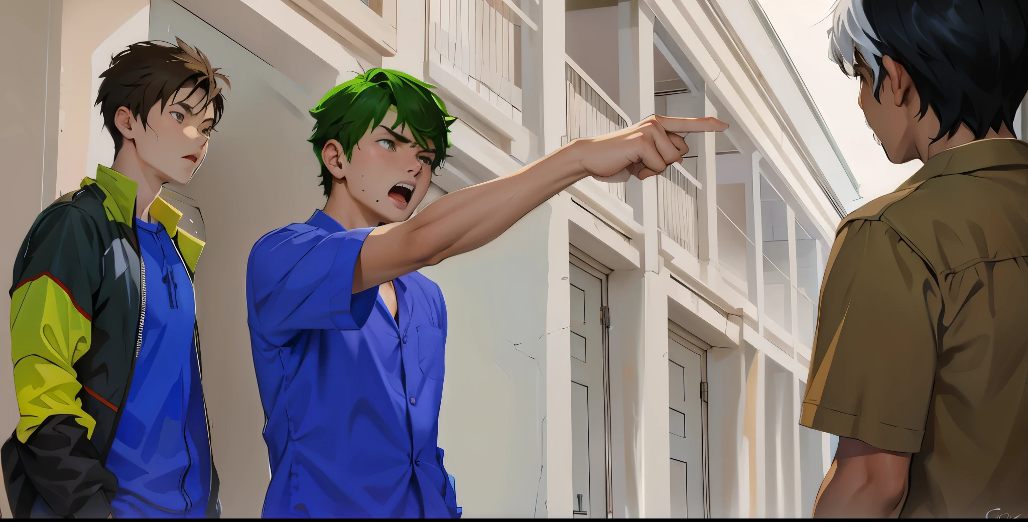 The young man is furious and points his finger and shouts.