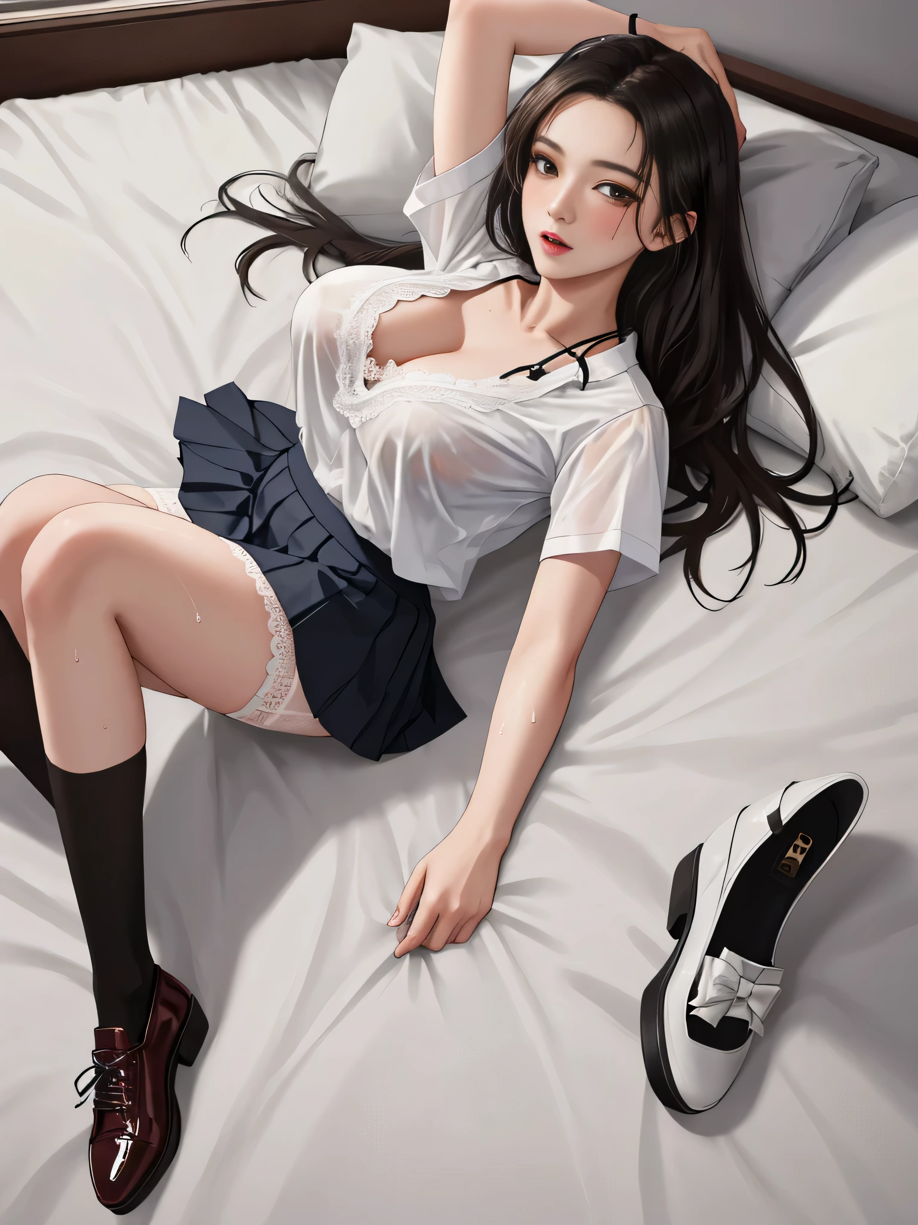 Sudor y cuerpo mojado., Translucent blouse, In his bedroom, acostada en la cama estirando los brazos, Coqueto, libidinoso, pervertido y excitado, A beautiful and sexy 17 year old student, europeo, pecho grande, Hermoso gradiente, cuerpo completo, mujer hermosa, Limpie las caras detalladas, dynamic pose, (Uniforme escolar de estilo victoriano: blusa gris con cuello en V con encaje y escote, Minifalda negra con pliegues y patrones de mariposa, Medias blancas hasta la rodilla con patrones de diamantes, lazo rojo en la cabeza, zapatos de charol,), pecho masivo, cuerpo completo, obra maestra, absurdos, nikon d850 film stock photography, camara kodak portra 400 f1.6 lentes, extremadamente detallado, asombroso, buen detalle, Colores ricos, textura realista hiperrealista, dramatic lighting, Motor irreal, cinestill 800 tungsteno, Mirando al espectador, foto realista, foto cruda, alta calidad, high resolution, Sharp focus, extremadamente detallado, cinematic lighting, 8k UHD