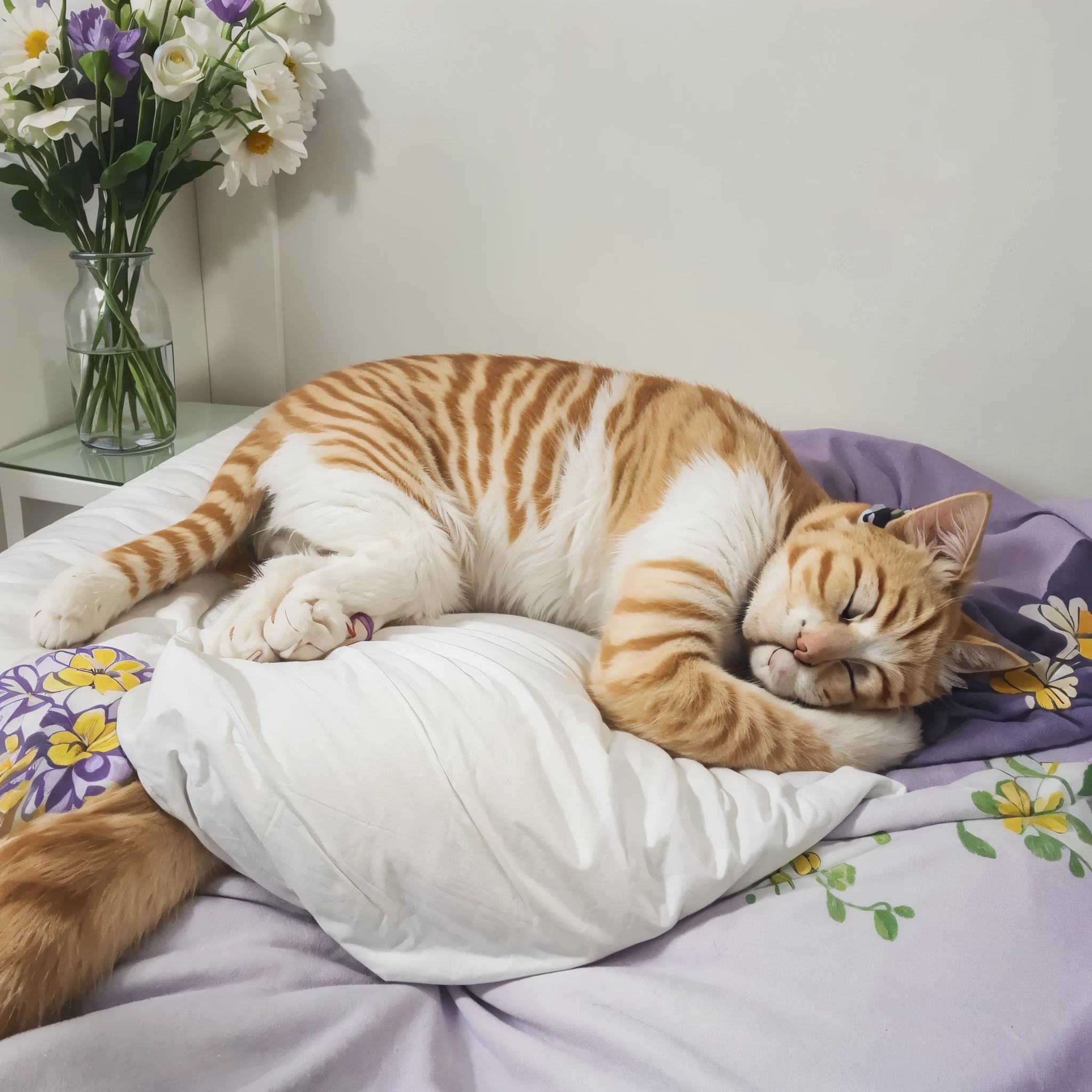 Drawing of an orange and white cat sleeping on a purple bed with flowers The cat is depicted in a curled up pose, with its head resting on its paws. Its coat is orange and white, with tabby stripes on its face and back. His eyes are closed and he appears peacefully asleep. The bed is purple and decorated with white flowers. It is placed in a single bedroom with a white wall and a wooden floor. Drawing details The cat was drawn in black and white pencil. The bed was drawn in purple pencil. The flowers were drawn in yellow and white pencil