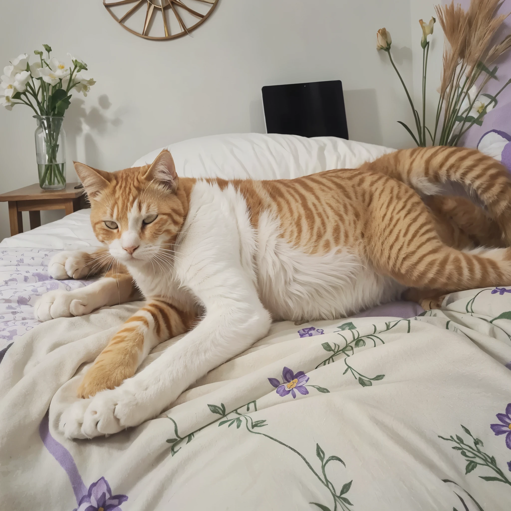 Drawing of an orange and white cat sleeping on a purple bed with flowers The cat is depicted in a curled up pose, with its head resting on its paws. Its coat is orange and white, with tabby stripes on its face and back. His eyes are closed and he appears peacefully asleep. The bed is purple and decorated with white flowers. It is placed in a single bedroom with a white wall and a wooden floor. Drawing details The cat was drawn in black and white pencil. The bed was drawn in purple pencil. The flowers were drawn in yellow and white pencil