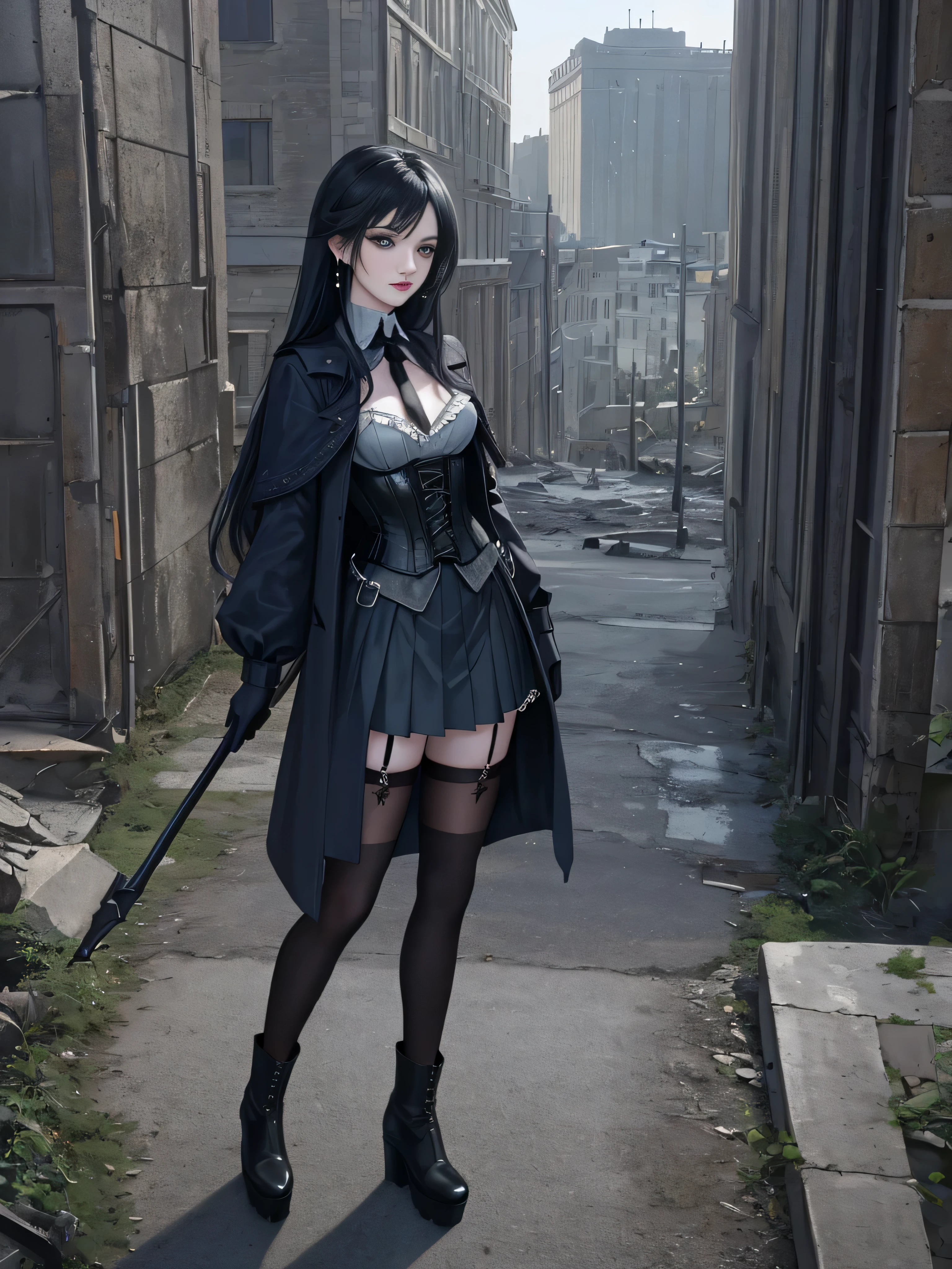 An emo-gothic woman in a city., en medio de una guerra, en un edificio en ruinas, with helicopters visible from the windows, 24 year old woman, /(pale white skin, Cabello negro largo y liso con extensiones platino ceniciento., Mechones de pelo que cubren el ojo izquierdo., ojos verde esmeralda,), /(Cuerpo en forma de reloj de arena, Caderas anchas, small waist, piernas bien formadas, pecho grande, small hands, dedos delgados, Nariz griega, Ojos almendrados,), (ropa gotica: dark blue cuerpo completo open coat, gray corset blouse held by threads, Falda corta rojo escarlata con pliegues, guantes largos negros con adornos plateados, botas con plataforma, medias negras hasta el muslo, pendiente en la ceja izquierda,), cuerpo completo, obra maestra, absurdos, nikon d850 film stock photography, camara kodak portra 400 f1.6 lentes, extremadamente detallado, asombroso, buen detalle, Colores ricos, textura realista hiperrealista, dramatic lighting, Motor irreal, cinestill 800 tungsteno, Mirando al espectador, foto realista, foto cruda, alta calidad, high resolution, Sharp focus, extremadamente detallado, cinematic lighting, 8k UHD