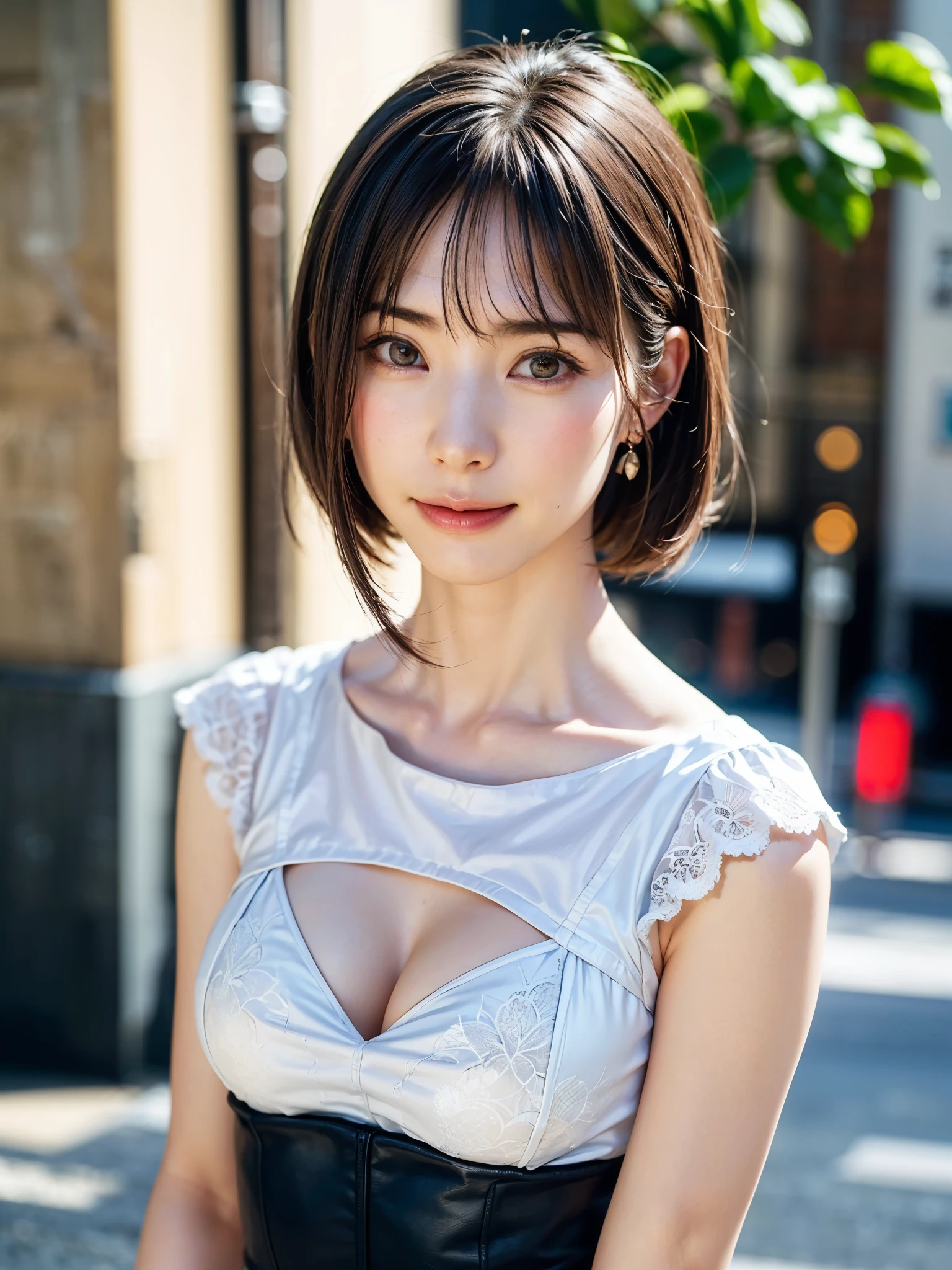 (masterpiece, highest quality、super dense skin、get used to it),1 girl, alone,Beautiful symmetrical face、 hyper realistic, realistic,realistic, light brown eyes stare at the viewer,Brunette short bob hair with highly detailed shiny hair、intense eye highlights), See-through brightly colored winter clothes,Lovely see-through costume full of charm、 lips,lip gloss, outdoor, Upper body、Big eyes、eyelash、{Huge|big|Hugeな|mega} chest:2, cleavage:2、(Big eyess short bob hair beautiful detailed eyes、Adds intense highlights to your eyes with eye-catching light、large full chest、look at the audience、she is very beautiful and cute、show me your ears、long neck、smile、Close your mouth and smilee、perfect anatomy、ideal body proportions、Please tilt your head slightly)、(Snow-covered tree-lined street in Norway in winter)、(she is a very cute and attractive woman)、portrait:2