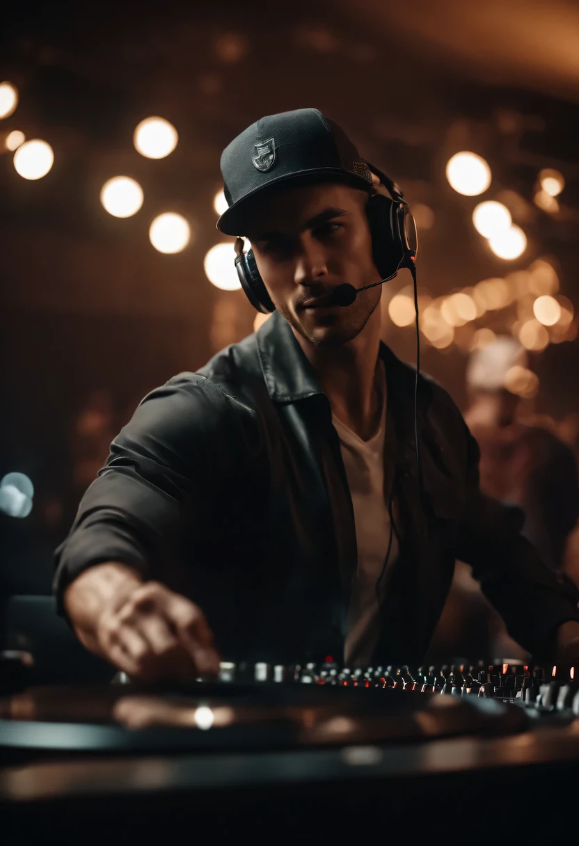 (best quality,ultra-detailed,picture-perfect,professional:1.2),man with headphones and cap,nightclub background, people dancing, cool,dark,stylish,contrast,lit from the side