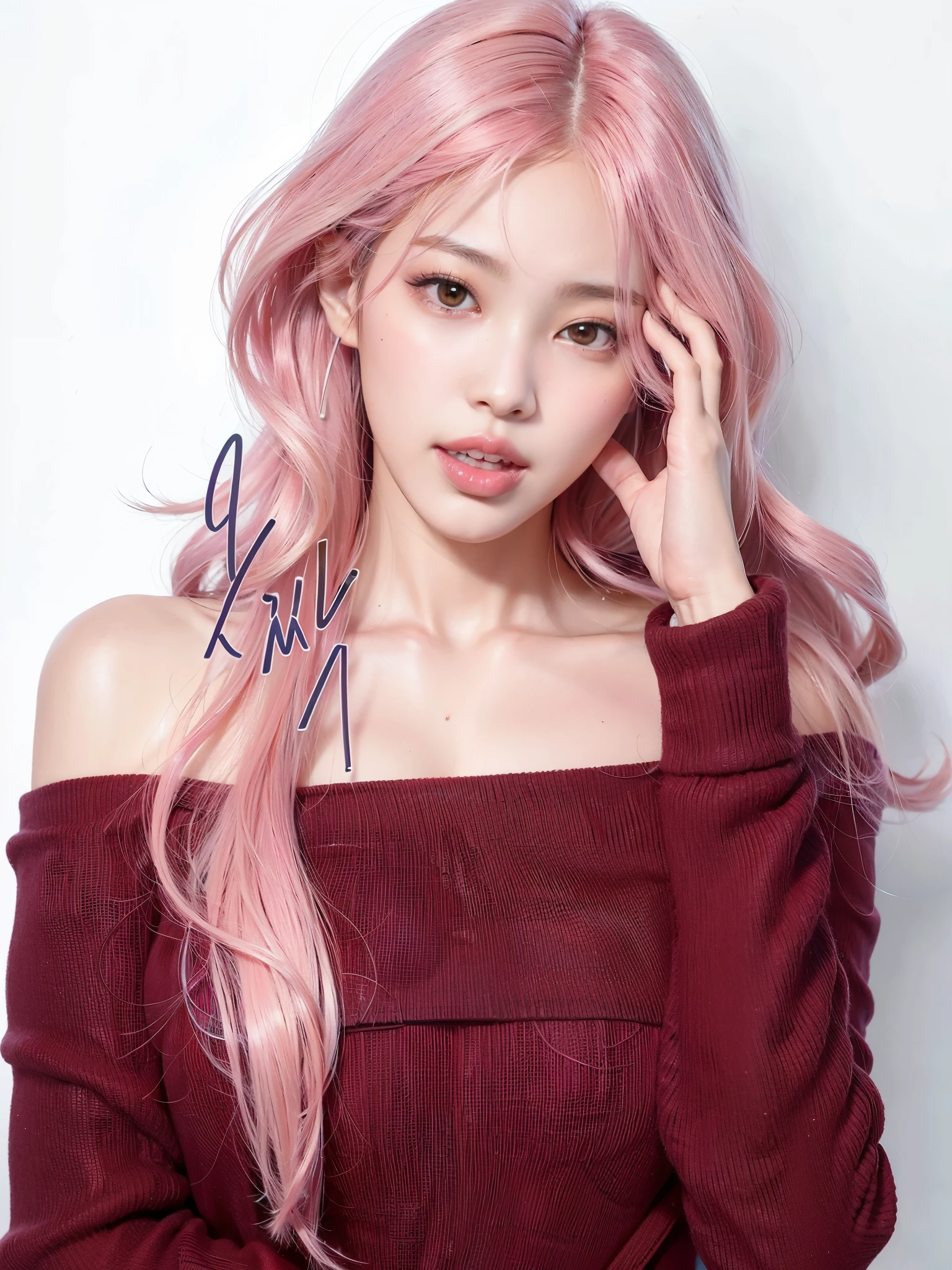 um close de uma pessoa com cabelo rosa e um suéter, kawaii realista portrait, inspirado em Yanjun Cheng, Modelo IG | artegerm, hyper realista anime, garota de anime na vida real, Bela Delfina, realista anime art style, estilo de realismo de anime, realista. Cheng Yi, realista cosplay, realista anime,  Rosa, semi realista anime, realista anime artstyle, jennie Kim, blackpink, kpop, ultra realista 