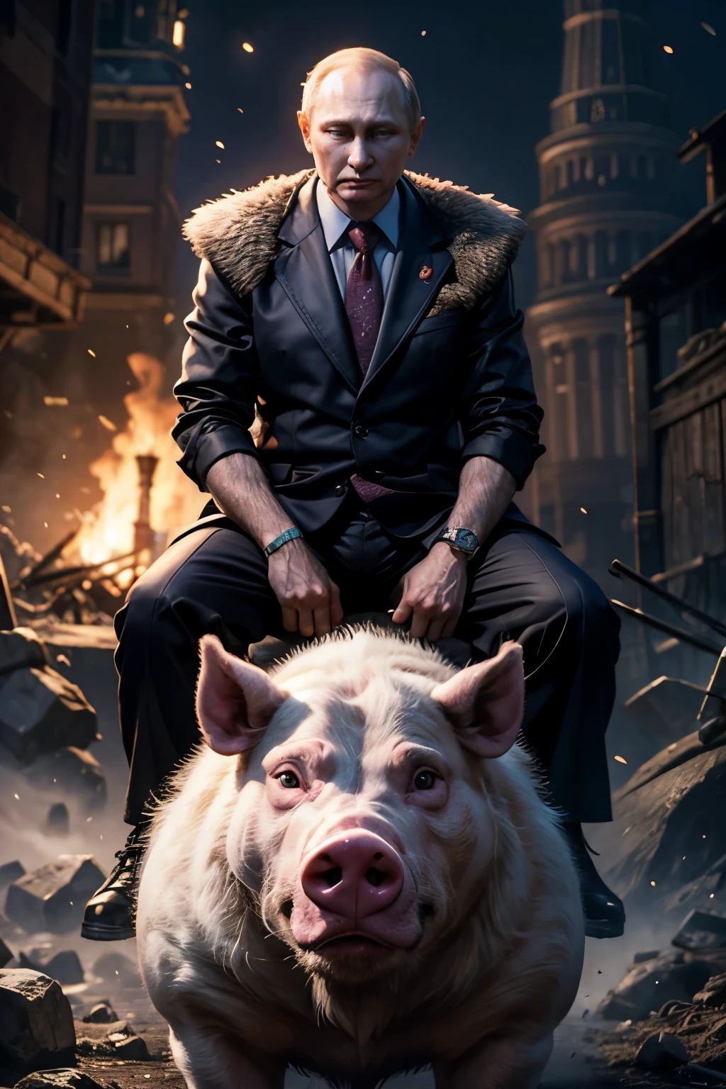 Putin President of Russia, The President of Ukraine sits on a pig and turns into a werewolf pig.