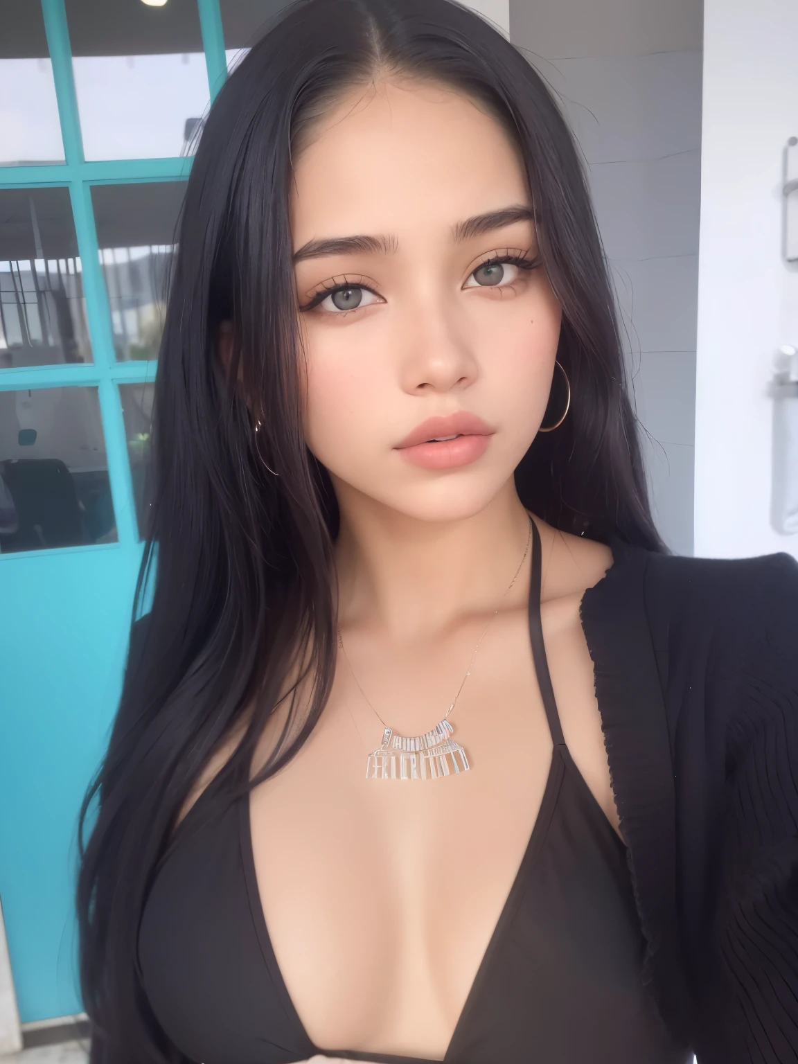 Un primer plano de una mujer con un top negro y un collar, violeta myers, 18 years, hermosa cara latina, hermosa sastre de jade femenina, bella poarch, Retrato de Sophie Mudd, , con pelo negro liso, modelo de instagram, belleza asombrosa, belleza asombrosa, mujer con pelo largo y negro, mujer hermosa