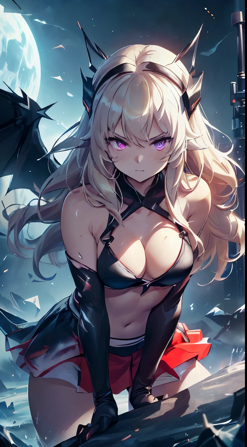 top quality、Highest image quality、masterpiece、girl with((red short skirt、black bikini、White costume、glowing mechanic suit、18 year old、Teen、cute little、Best Bust、large washcloth,Beautiful shining purple eyes、chest wide open, blonde、Long-haired、thin,Large Valleys、militant movements,sharp claws、With a sniper rifle、headset、black bright wings、Fighting postures、bad face、splatter、Feeling like a sprint)),High quality、Beautiful art、Background with((Cosmic Battlefield)))、Depth(planet earth）,table、Depth поля,cinematic style