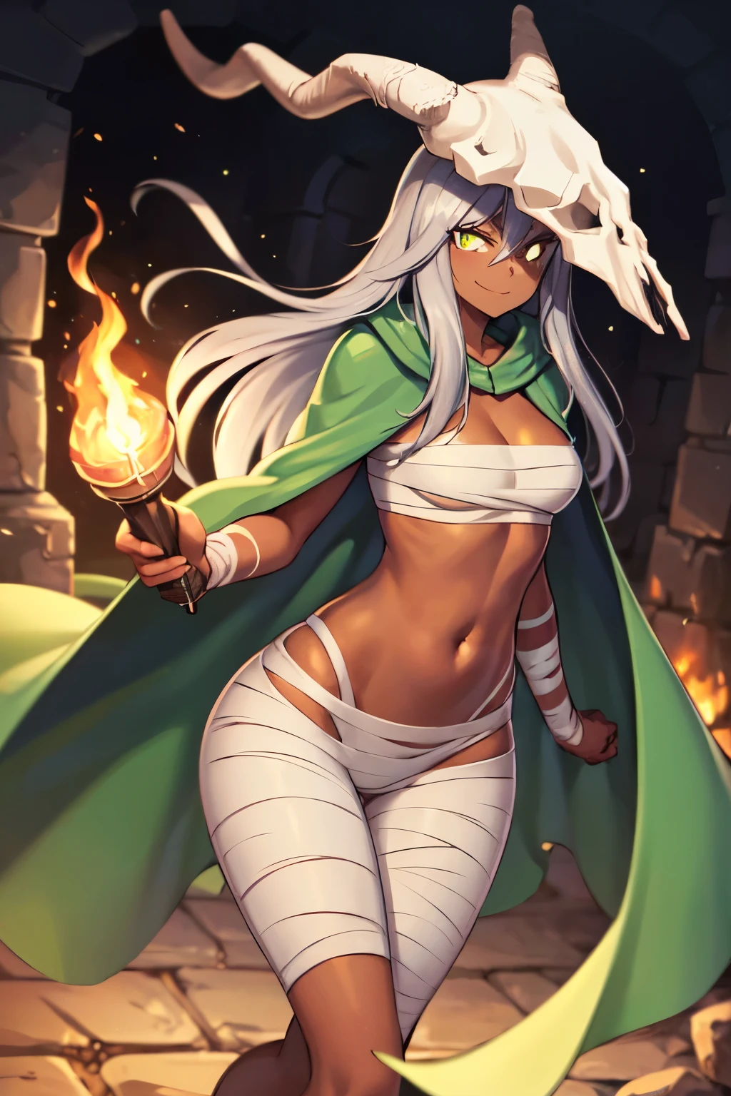 THESILENT, (GREY HAIR), DARK SKIN, (SKULL:1.3), GREEN CLOAK, BANDAGES, MIDRIFF, BANDAGED LEGS, 1girl, solo, facing viewer, looking at viewer, upper body, smile. Dungeon, stone walls, underground, torch light, dark