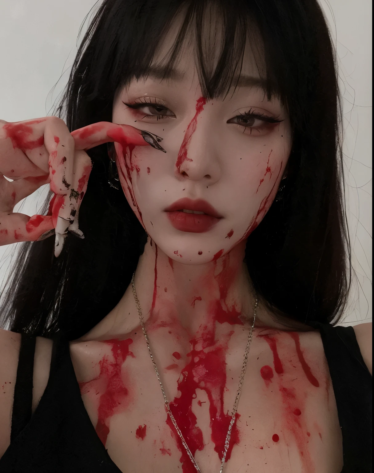 mulher arrasada com sangue no rosto e uma tesoura, cruel korean goth girl, sangrento, aesthetics of horror, sangrento face, rosto limpo e sangrento brutal, sangue nas roupas e no rosto, brutal sangrento and sluty make up, coberto de sangue, brutal sangrento sluty make up, salpicado de sangue, pale woman covered with blood, Ulzzang, creepy aesthetic