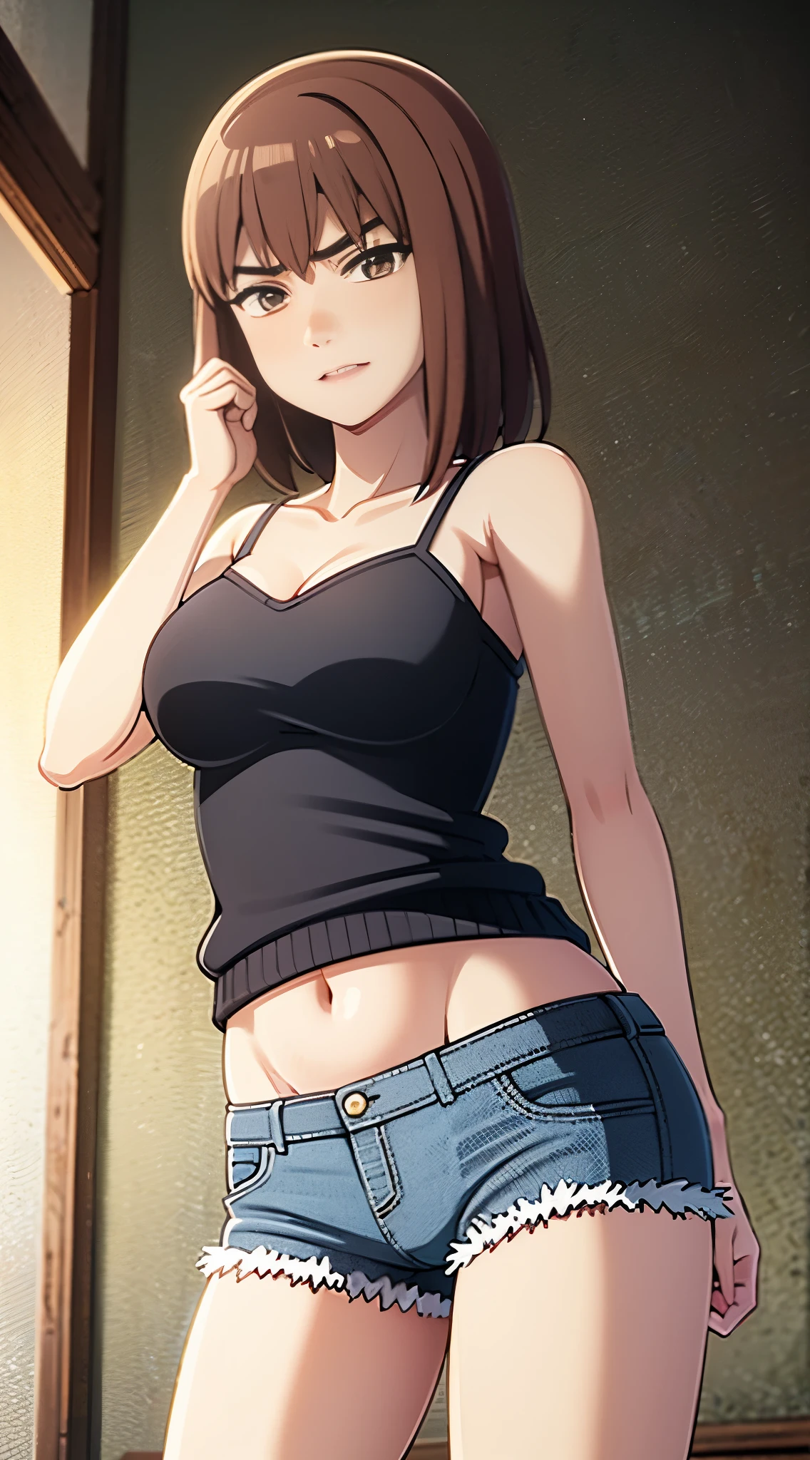 Kiruko, 1 garota, obra de arte, Sozinho, (melhor qualidade, perfeito detalhado, rosto lindamente detalhado, olhos detalhados), cabelo castanho, short pants, cinto, jeans, olhos castanhos, dia, Jeans, interior, camisa cropped, sorriso, seios, medium seios, Sozinho, sentado, cadeira, corar, Shy,  denim short pants, show stomach,