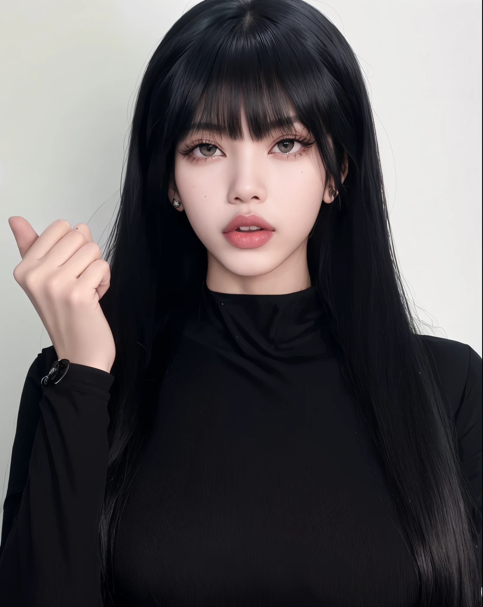 um close up de uma mulher com longos cabelos pretos e olhos azuis, cruel korean goth girl, Ulzzang, garota de anime na vida real, hyper anime realista, ela tem cabelo preto com franja, anime realista, semi anime realista, cosplay realista, 1 7 Goth Anime Girl, jovem anime realista, sakimichan, cabelo preto e olhos grandes, lalisao manoban, Blackpink