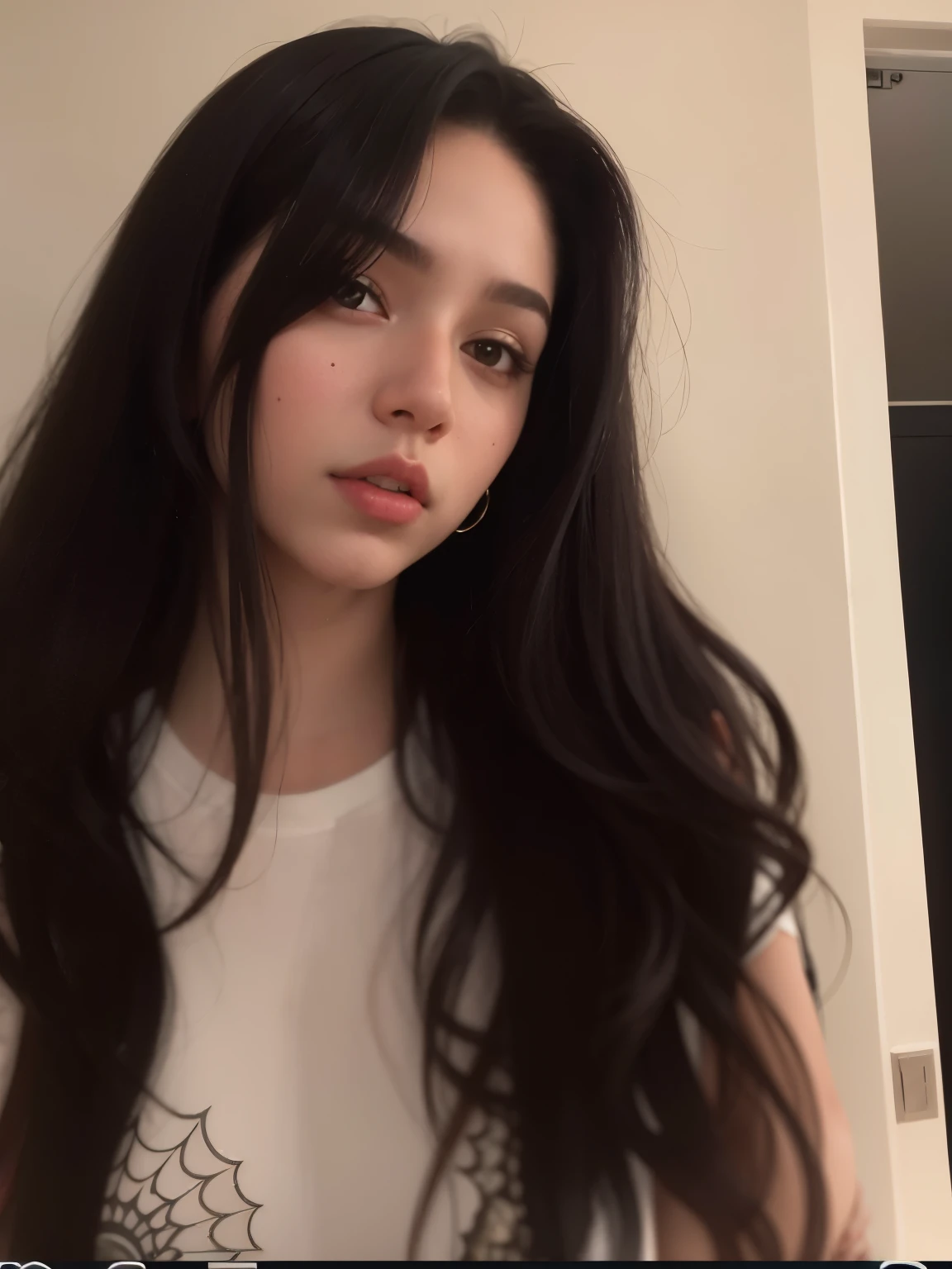 Hay una mujer con el pelo largo y una camisa blanca, cerveza suave de la reina del diablo madison, Kailee Mandel, bella poarch, 2 4 year old female model, pelo negro y ojos grandes, pale skin persian girl, violeta myers, chica joven y linda, linda hermosa, modelo de instagram, flequillo blancopelo negro, muy hermosa linda catgirl