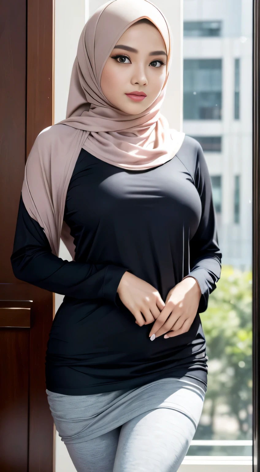 RAW, Best quality, high resolution, masterpiece: 1.3), Beautiful Malay woman in hijab (iu:0.8),looking at viewert,Portrait photography of a beautiful young malay girl in hijab wearing tight long sleeve tshirt and short skirt with leggings celebrate birthday, big breast,Detailed eyes, Standing in office, diffuselighting, depth of fields